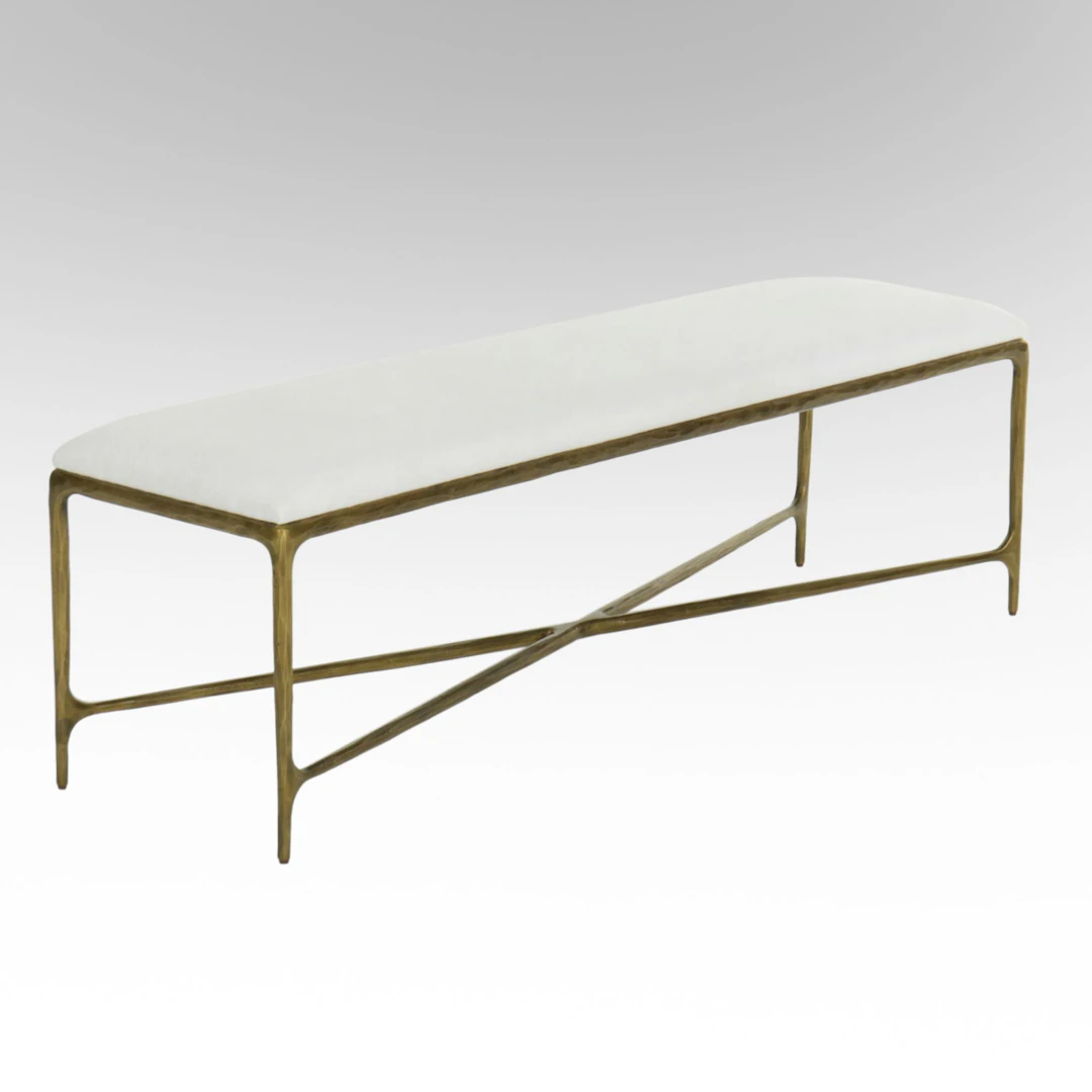 Restoration Hardware "Thaddeus" Upholstered Bench with Brass Legs, 2022