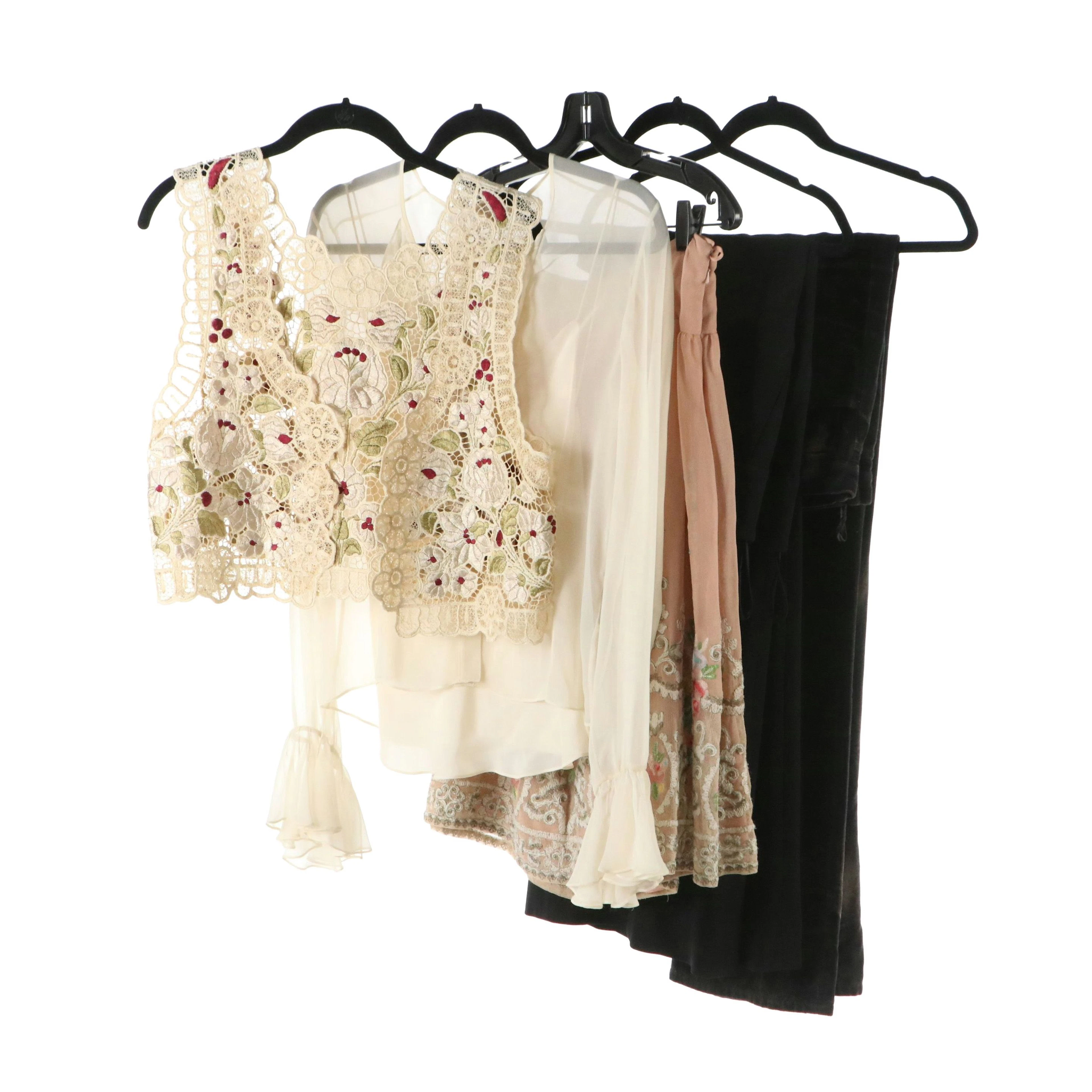 Ralph Lauren Silk Embroidered Skirt, Silk Long Sleeve Blouse, Wool Pants & More