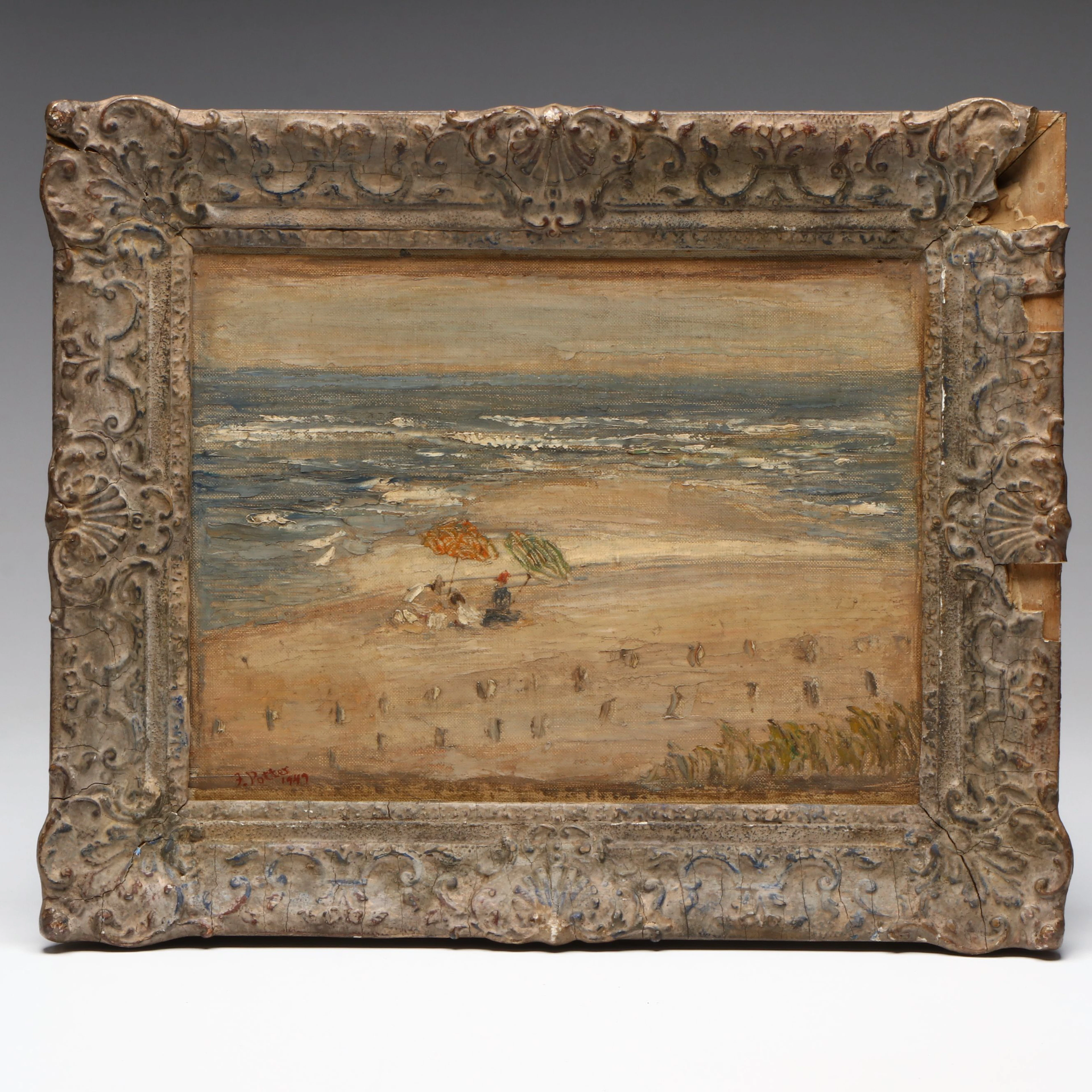F. Potter Late Impressionism Beach Scene Oil Painting, 1949