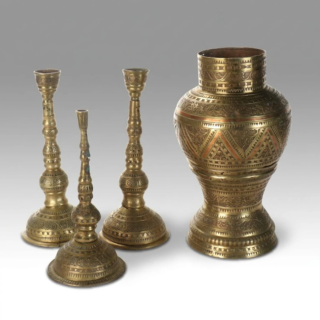Maghreb Style Overlay Brass and Copper Candlesticks with Urn