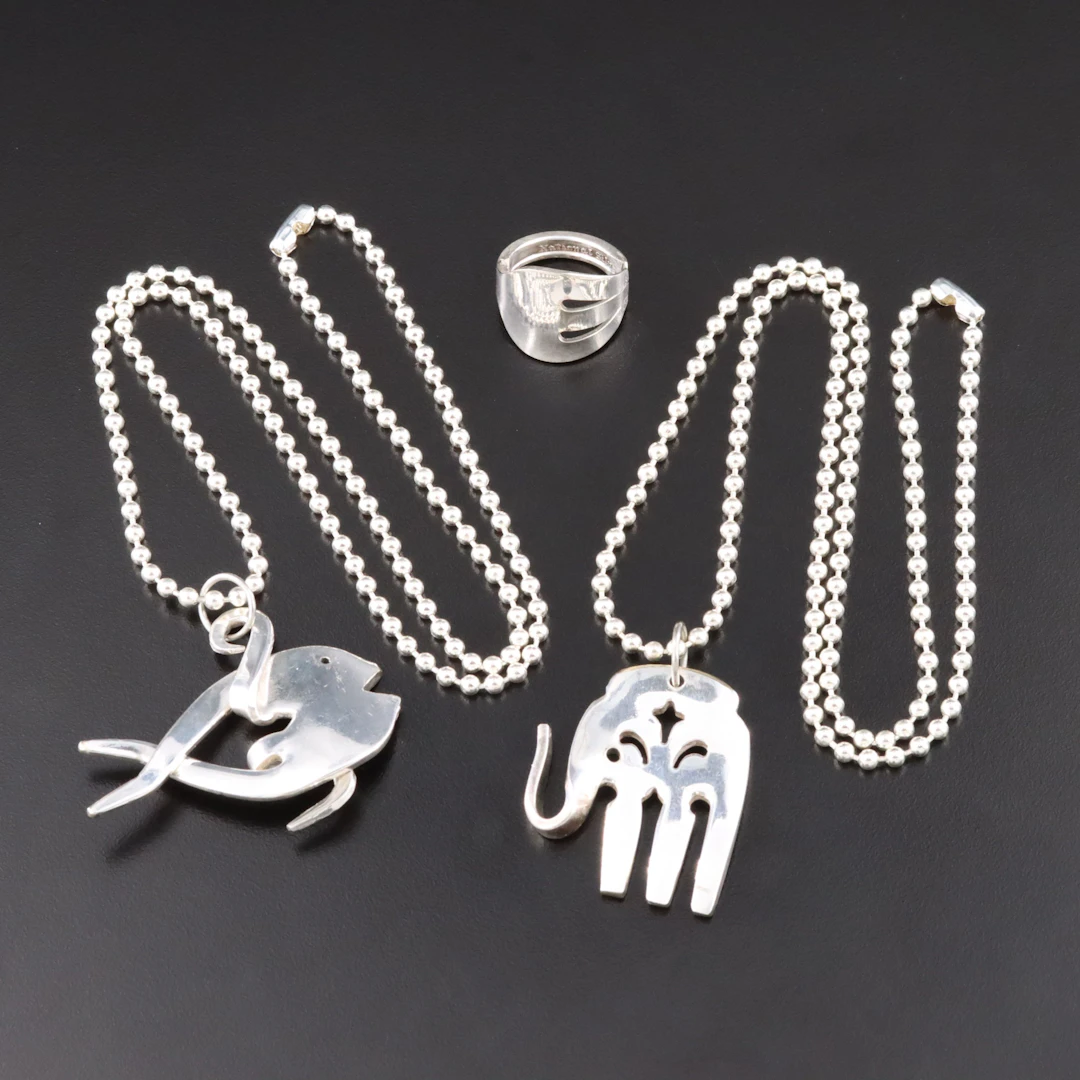 999 and 900 Silver Featured in Crafted Fork Ring and Necklaces