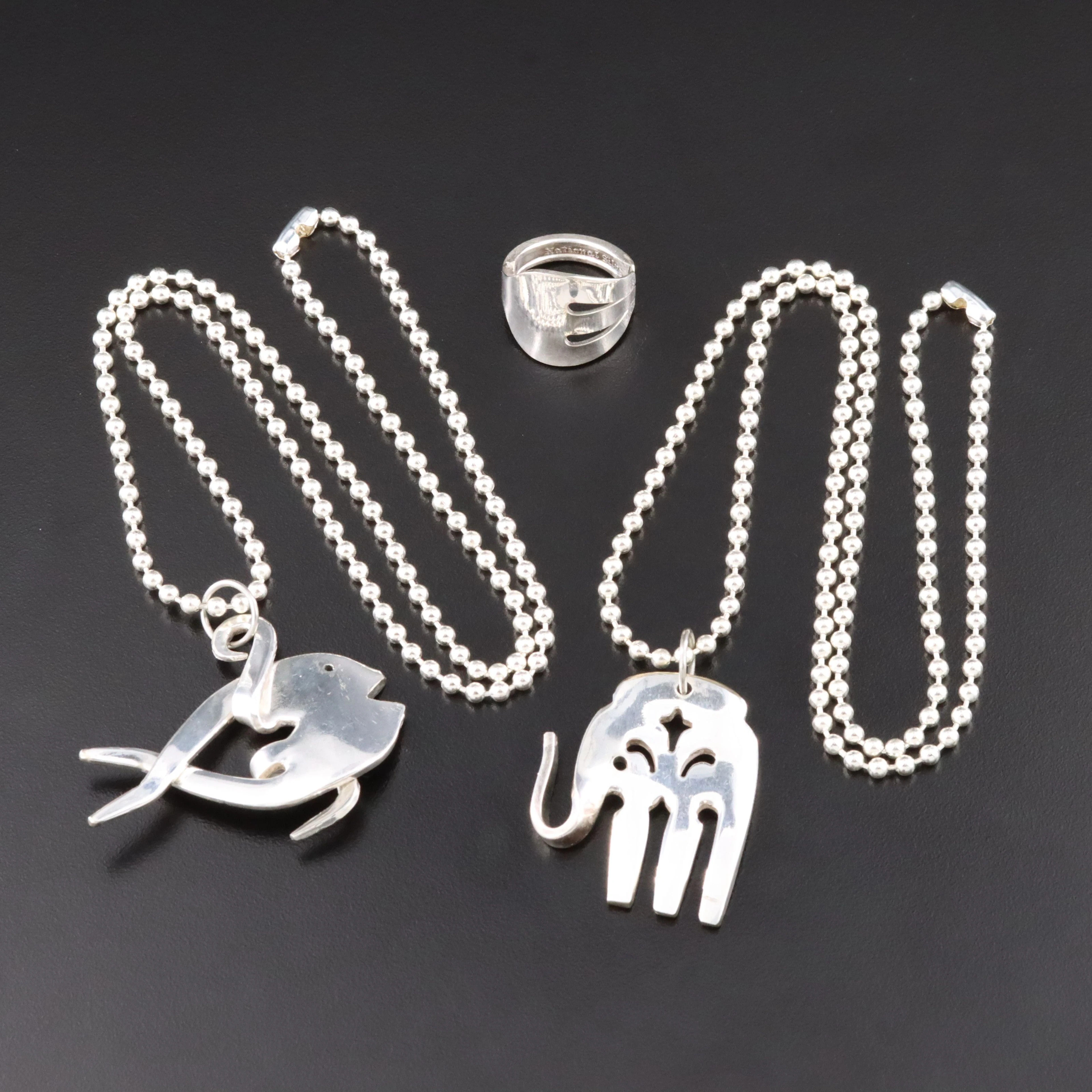 999 and 900 Silver Featured in Crafted Fork Ring and Necklaces