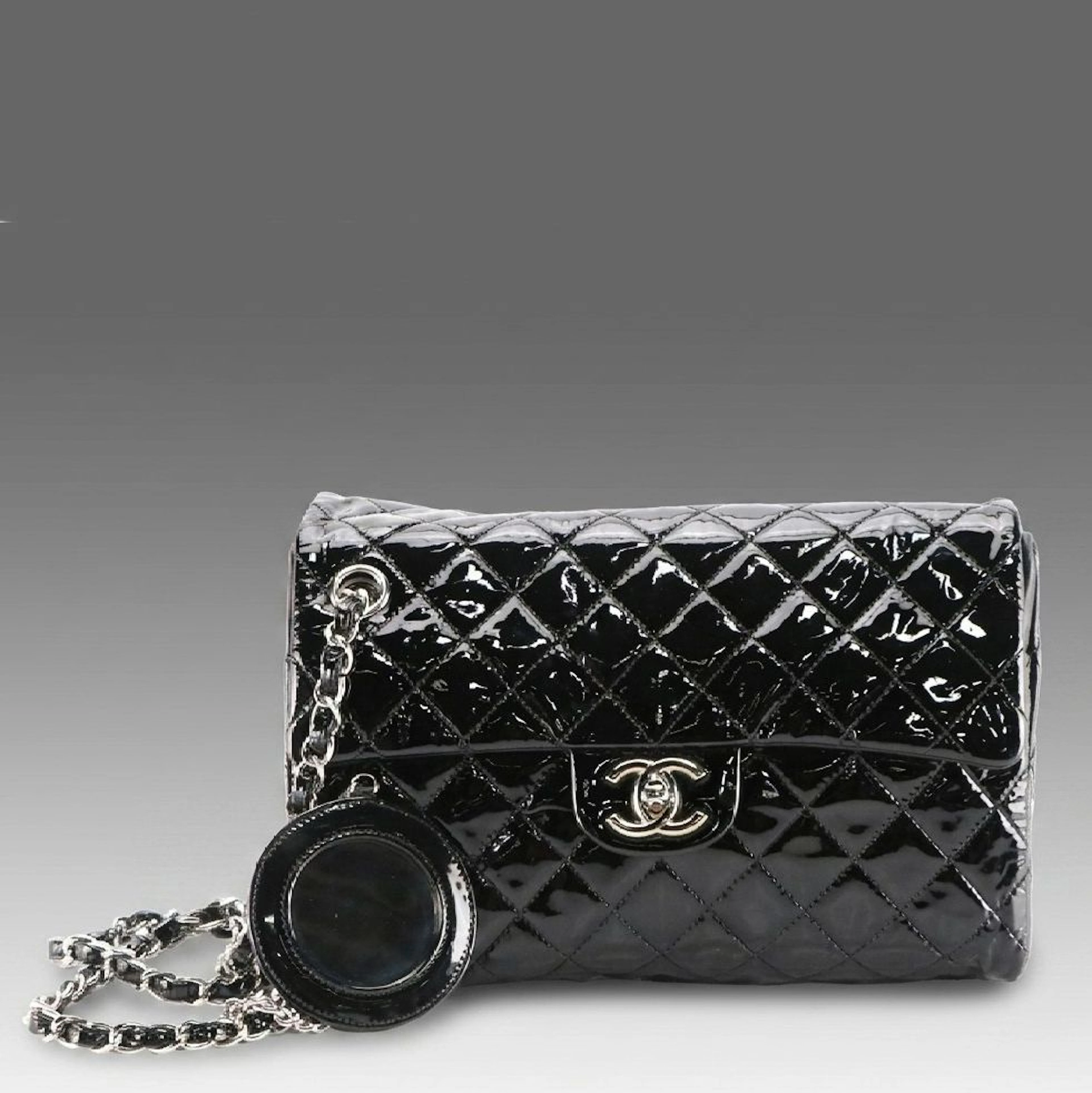 Chanel Upside Down Flap Bag in Shiny Black Quilted Patent Leather, With Box