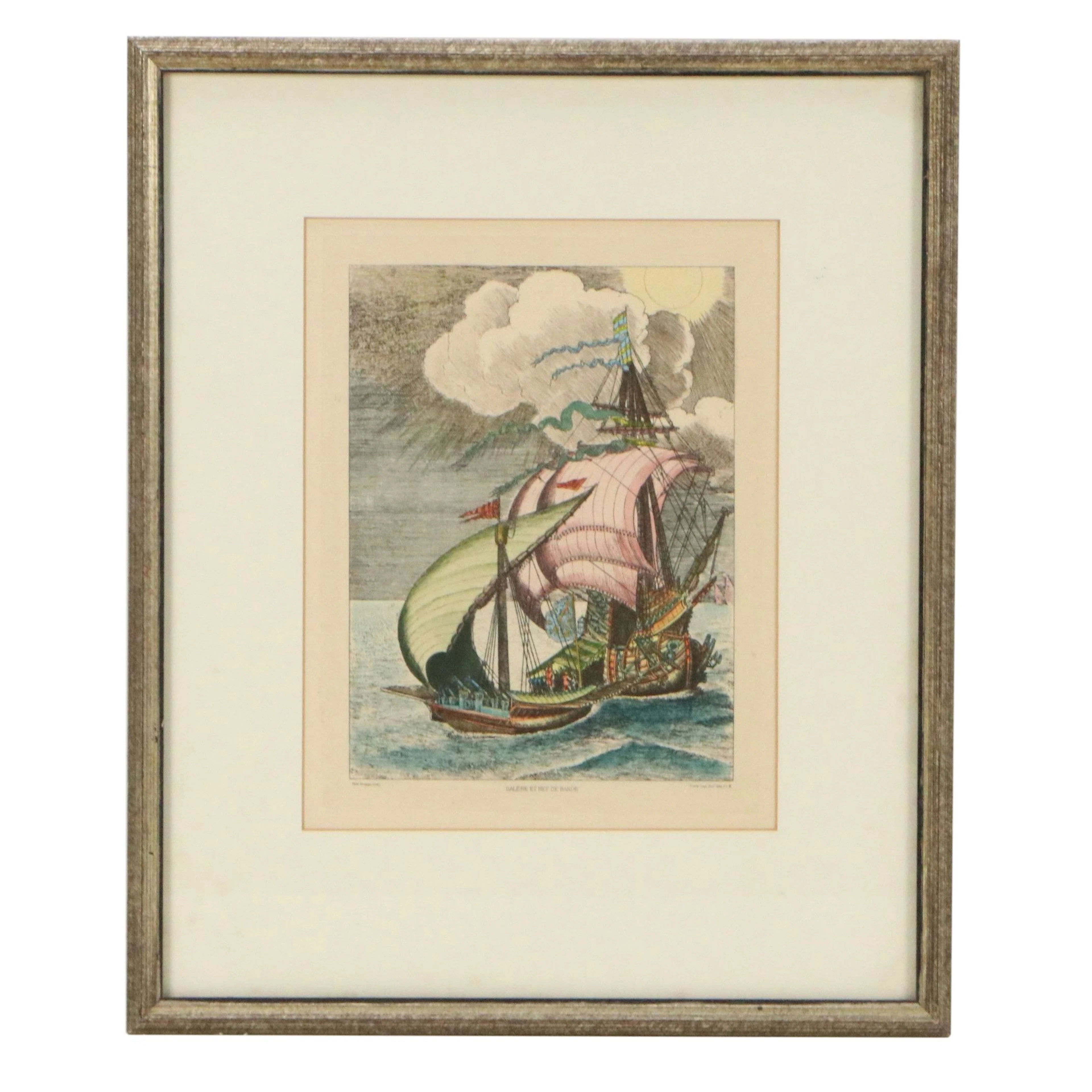 Hand-Colored Engraving after Pieter Bruegel "Galère et Nef de Bande"