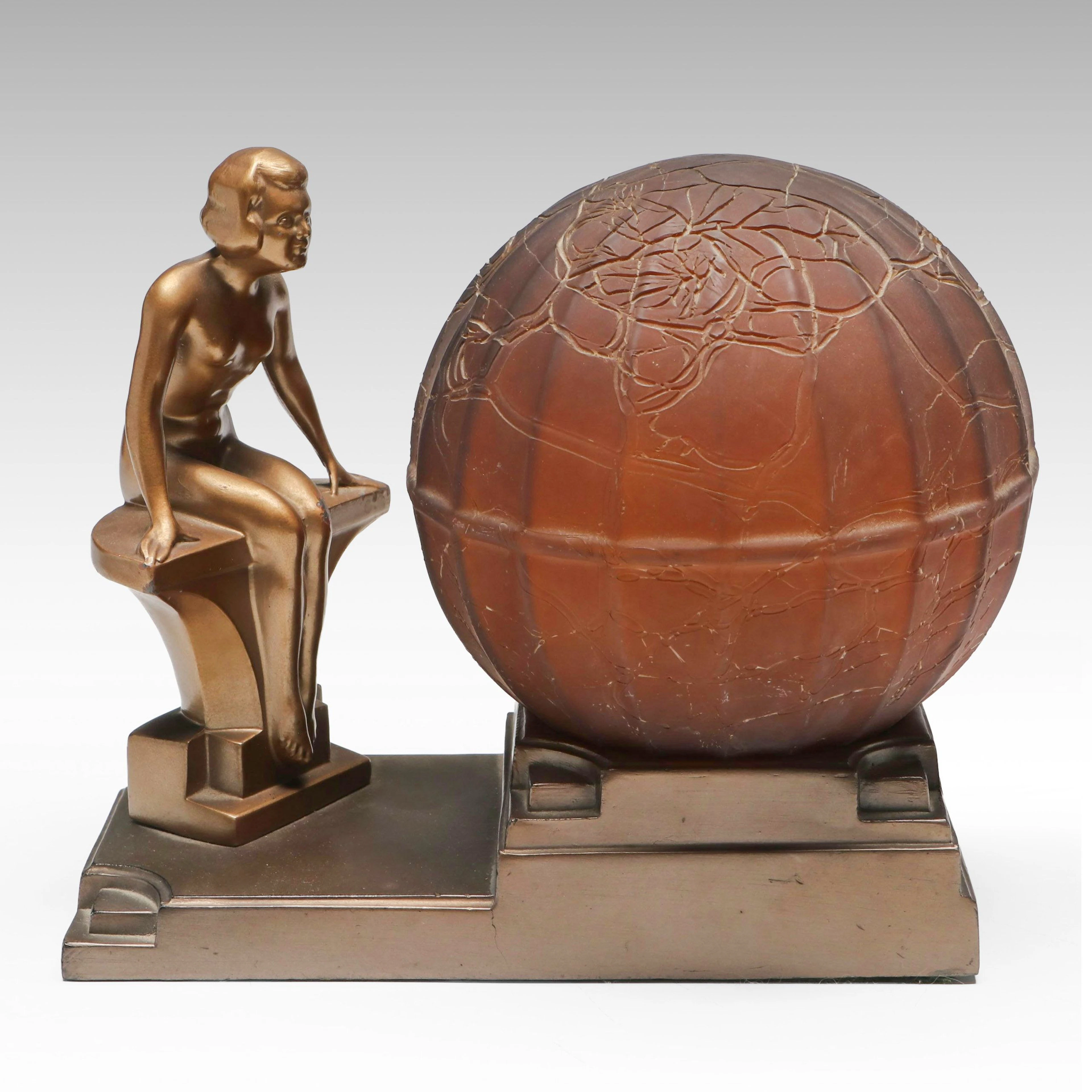 Art Deco Style Patinated Spelter Accent Lamp with Craquelure Glass Dome Shade