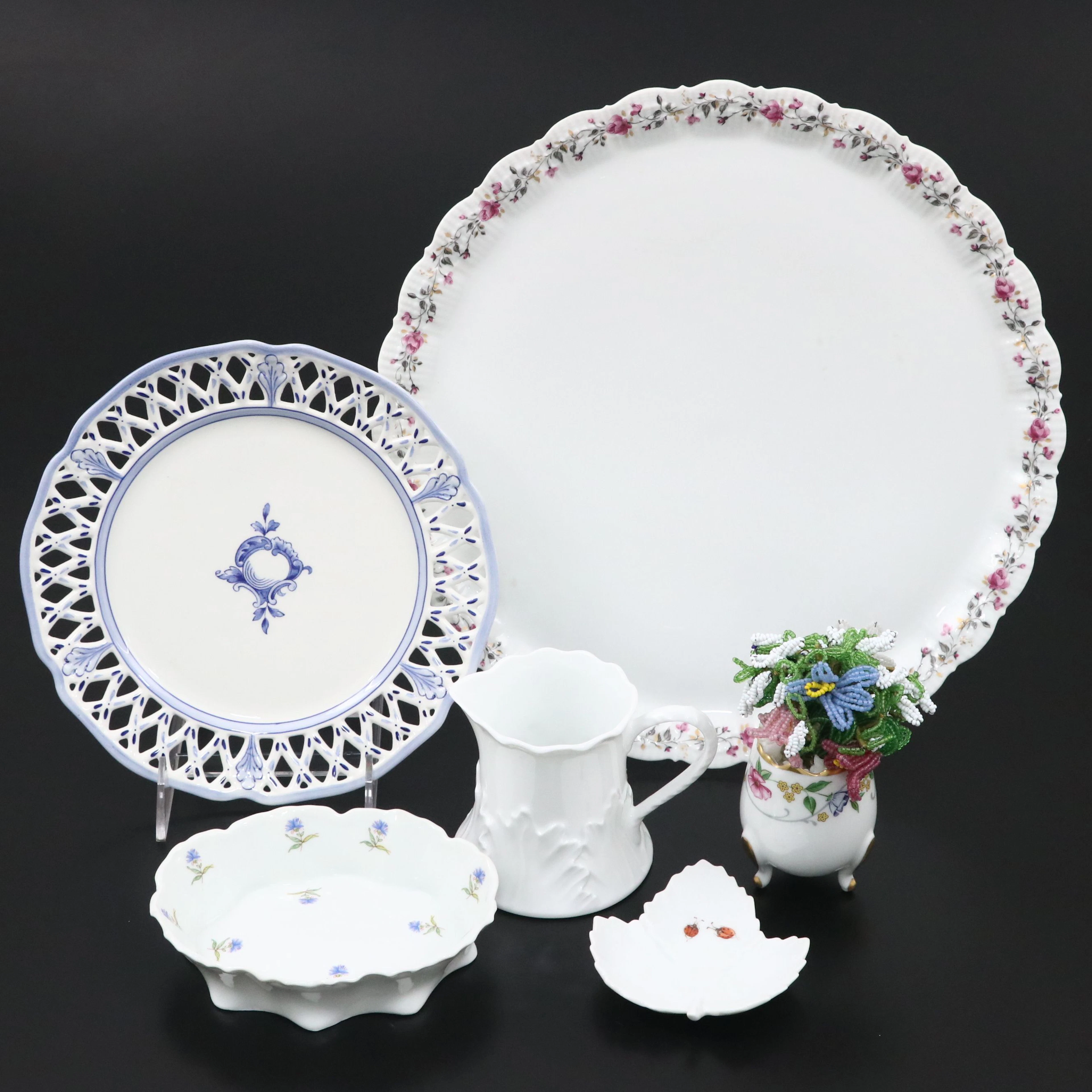 Haviland "Bleuets" Porcelain Basket with Other Porcelain Table Accessories