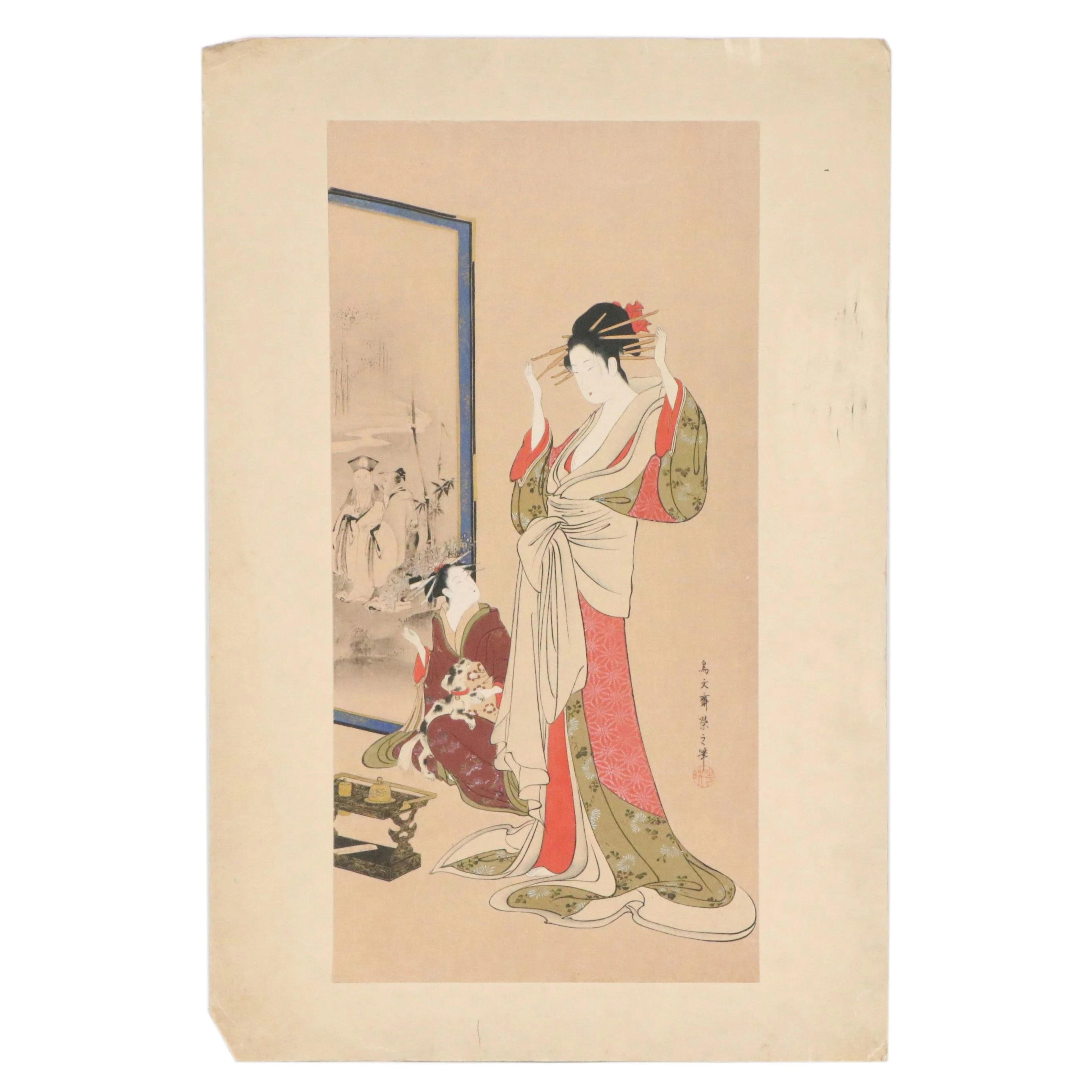 Japanese Ukiyo-e Style Woodblock of Interior Scene with Women, 20th Century