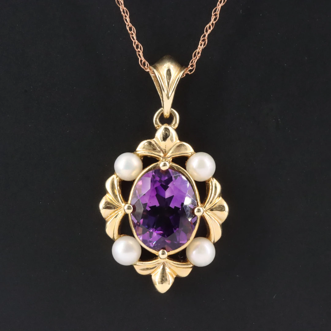 14K Amethyst and Pearl Pendant Necklace with Rose Gold Chain