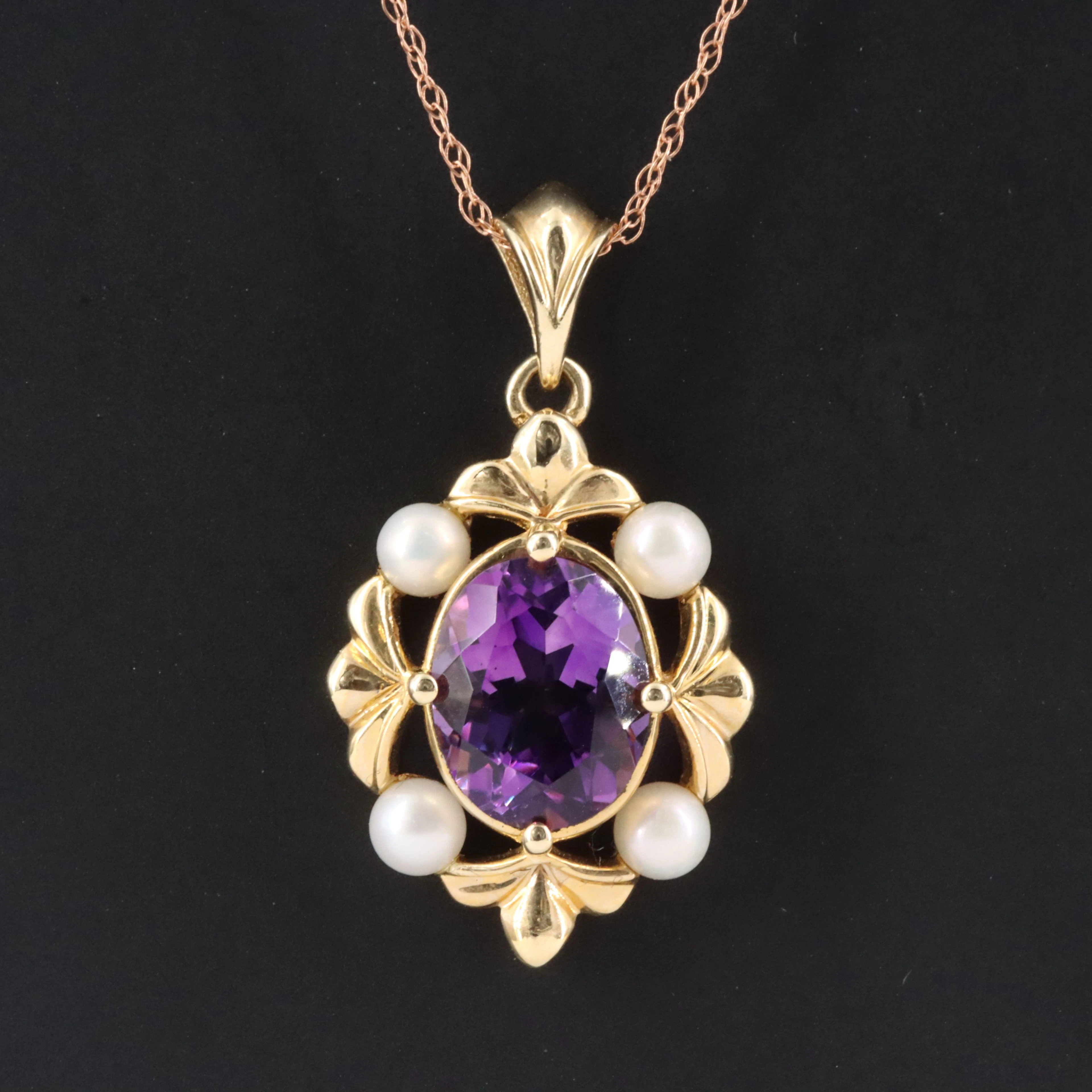14K Amethyst and Pearl Pendant Necklace with Rose Gold Chain