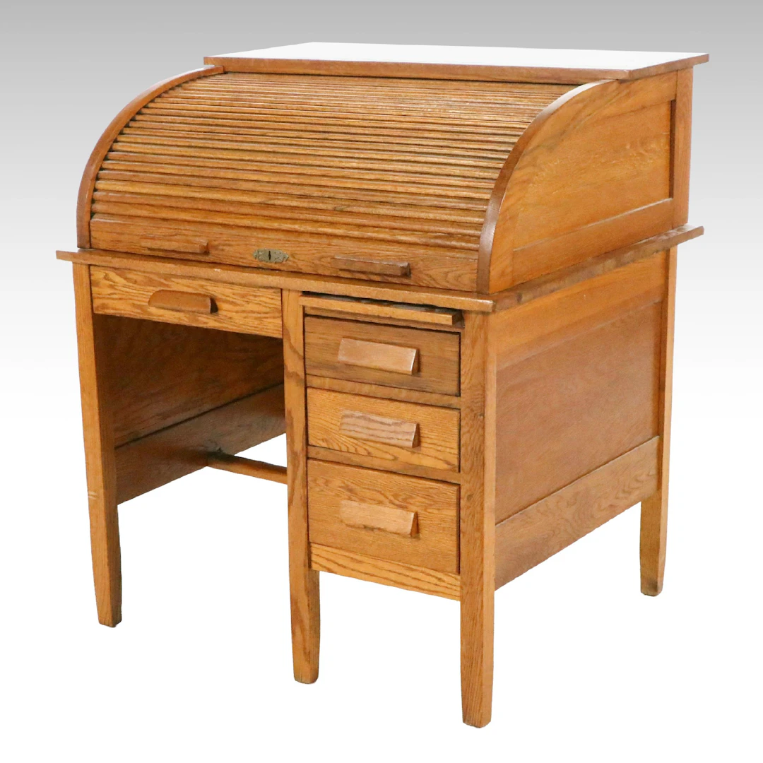 Oak Tambour Roll-Top Desk, Mid-20th Century