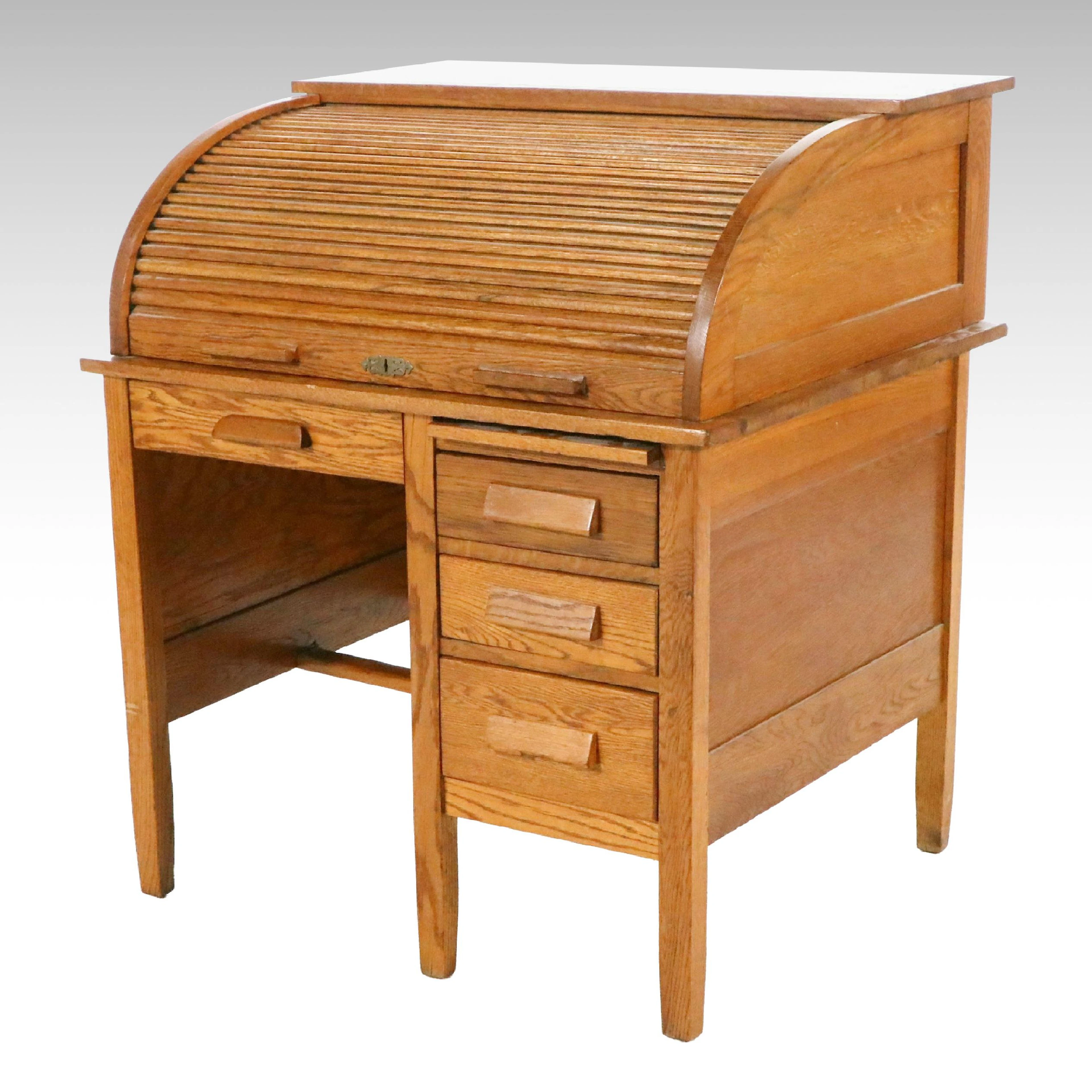 Oak Tambour Roll-Top Desk, Mid-20th Century