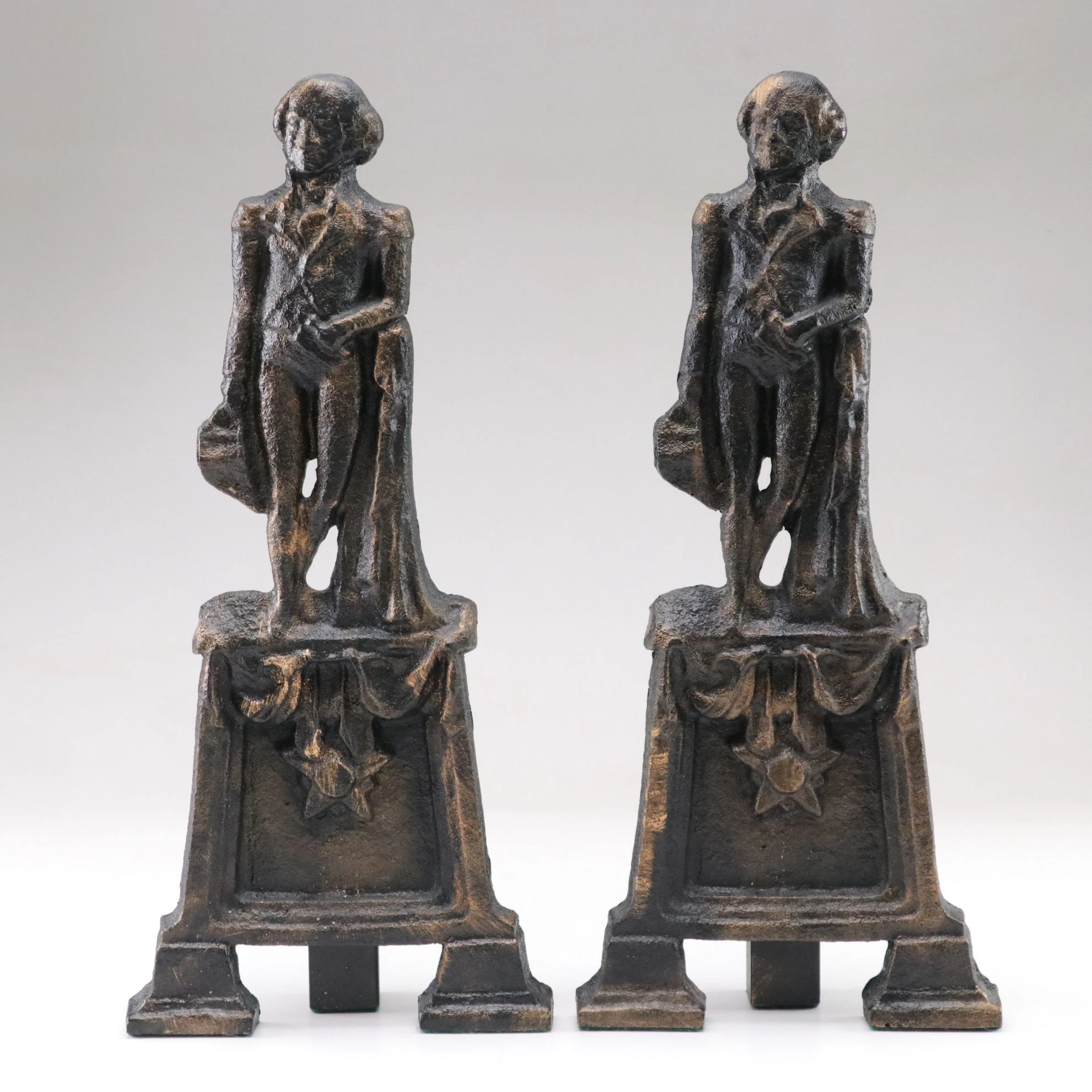 Federal Style Cast Iron George Washington Andirons, Mid to Late 20th Century