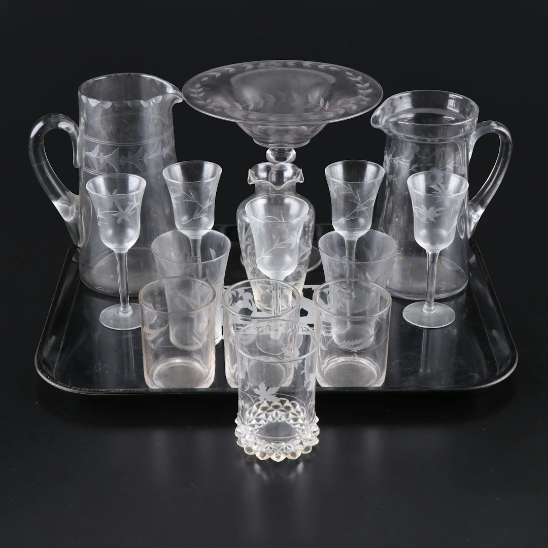 Etched Glass Stemware and Pitchers with Formica Tray, Vintage