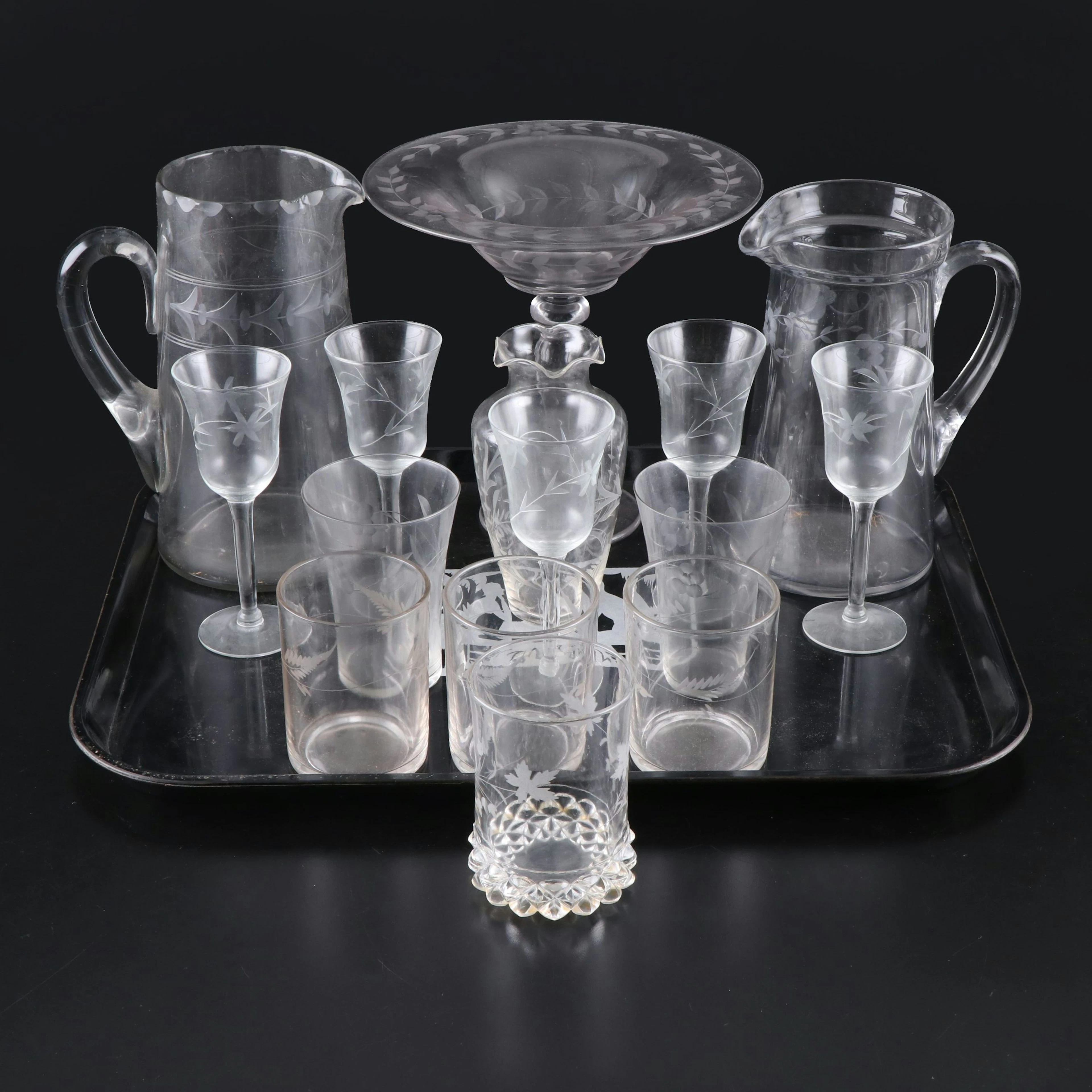 Etched Glass Stemware and Pitchers with Formica Tray, Vintage