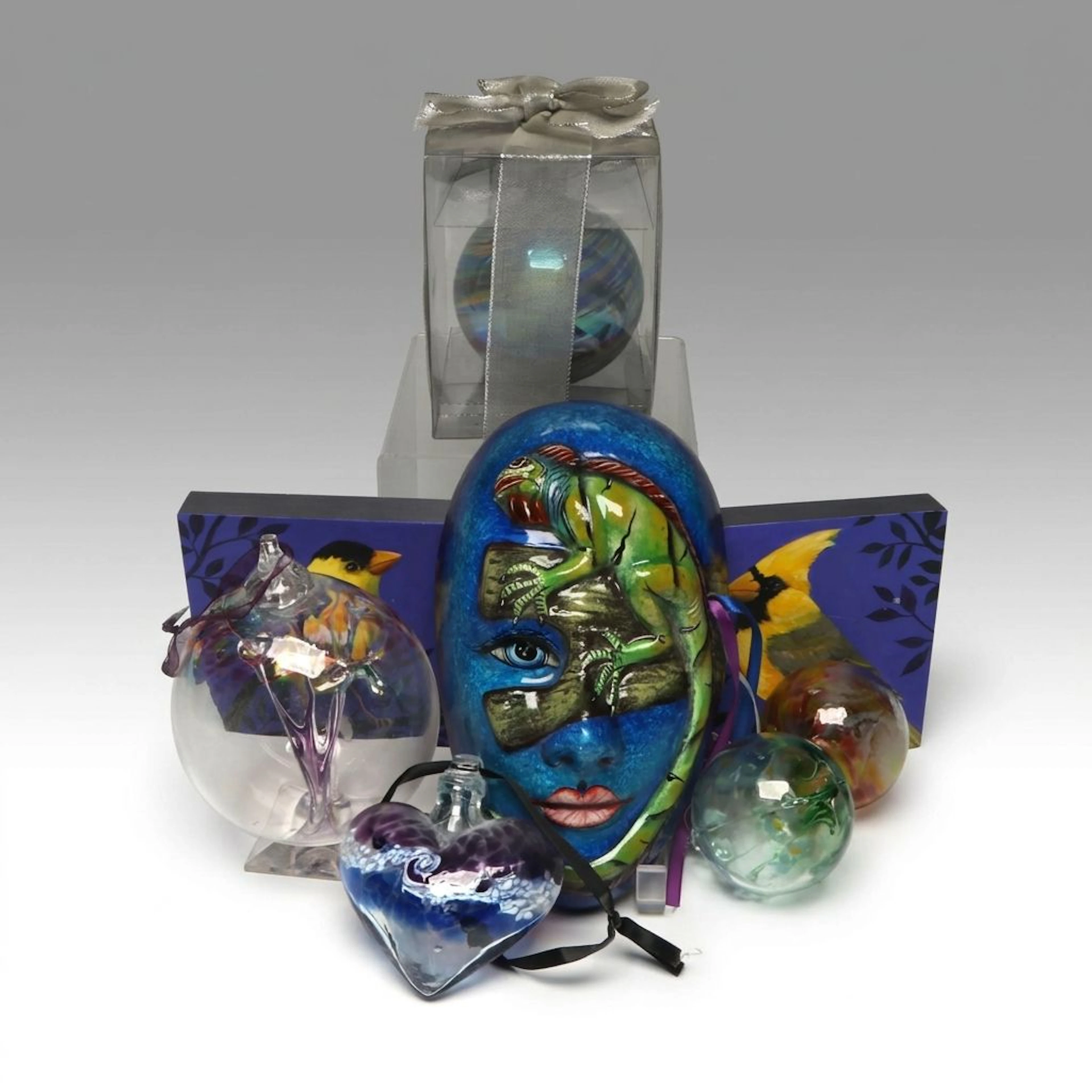 Blown Glass Ornaments with Hand-Painted Ceramic Wall Mask and More
