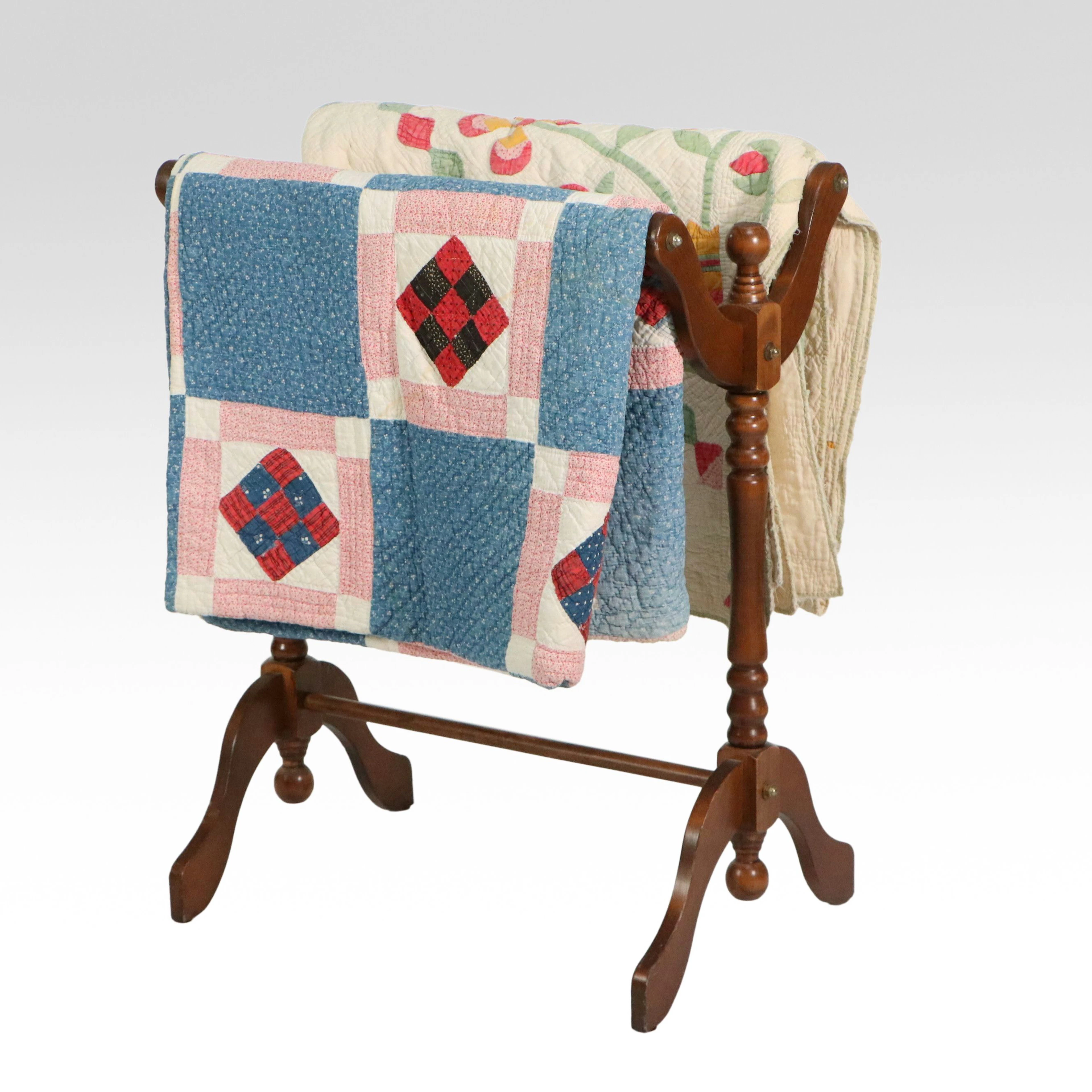 Victorian Style Wood Quilt Rack with Rustic Handmade Quilts