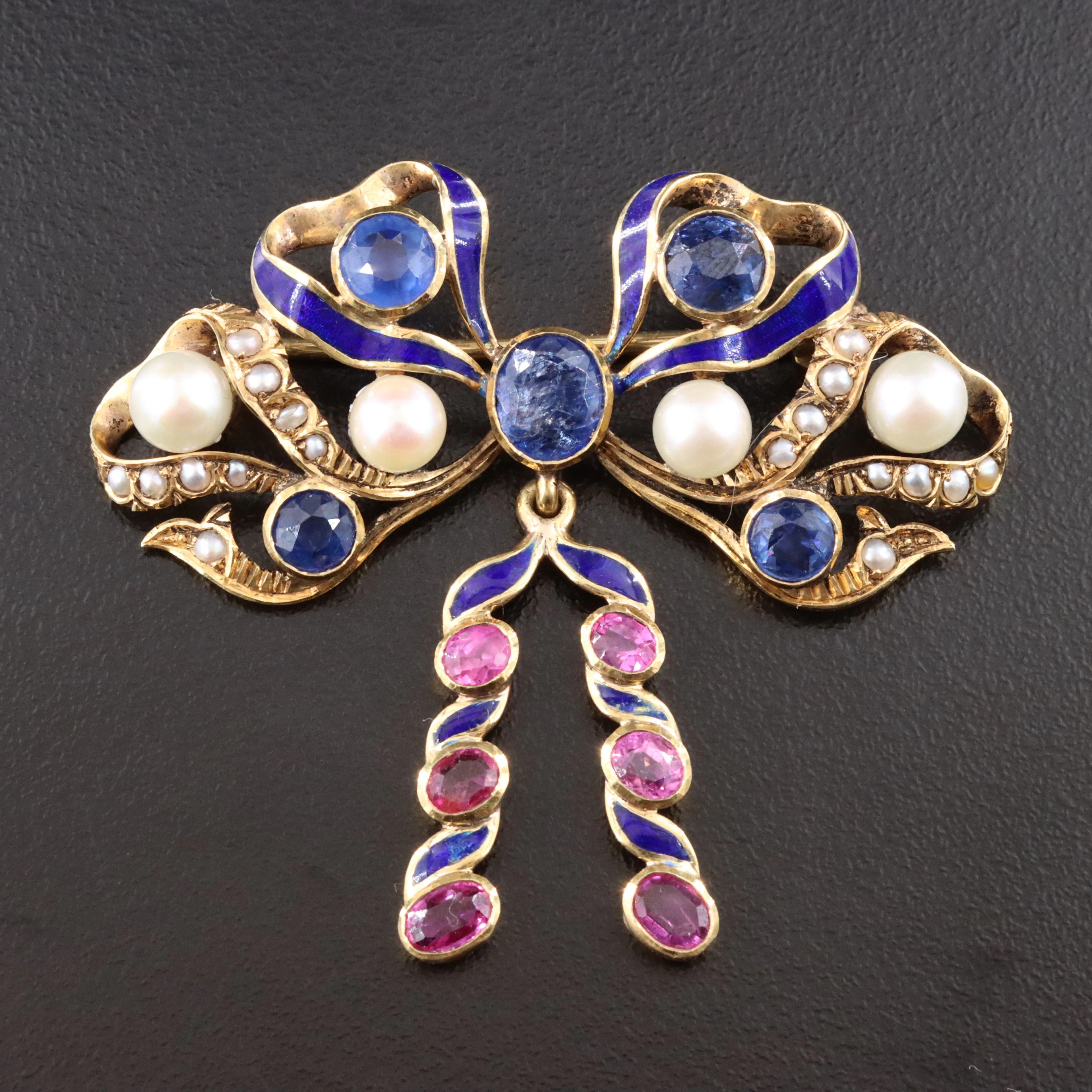 Vintage 18K Sapphire, Ruby, Pearl and Enamel Bow Brooch