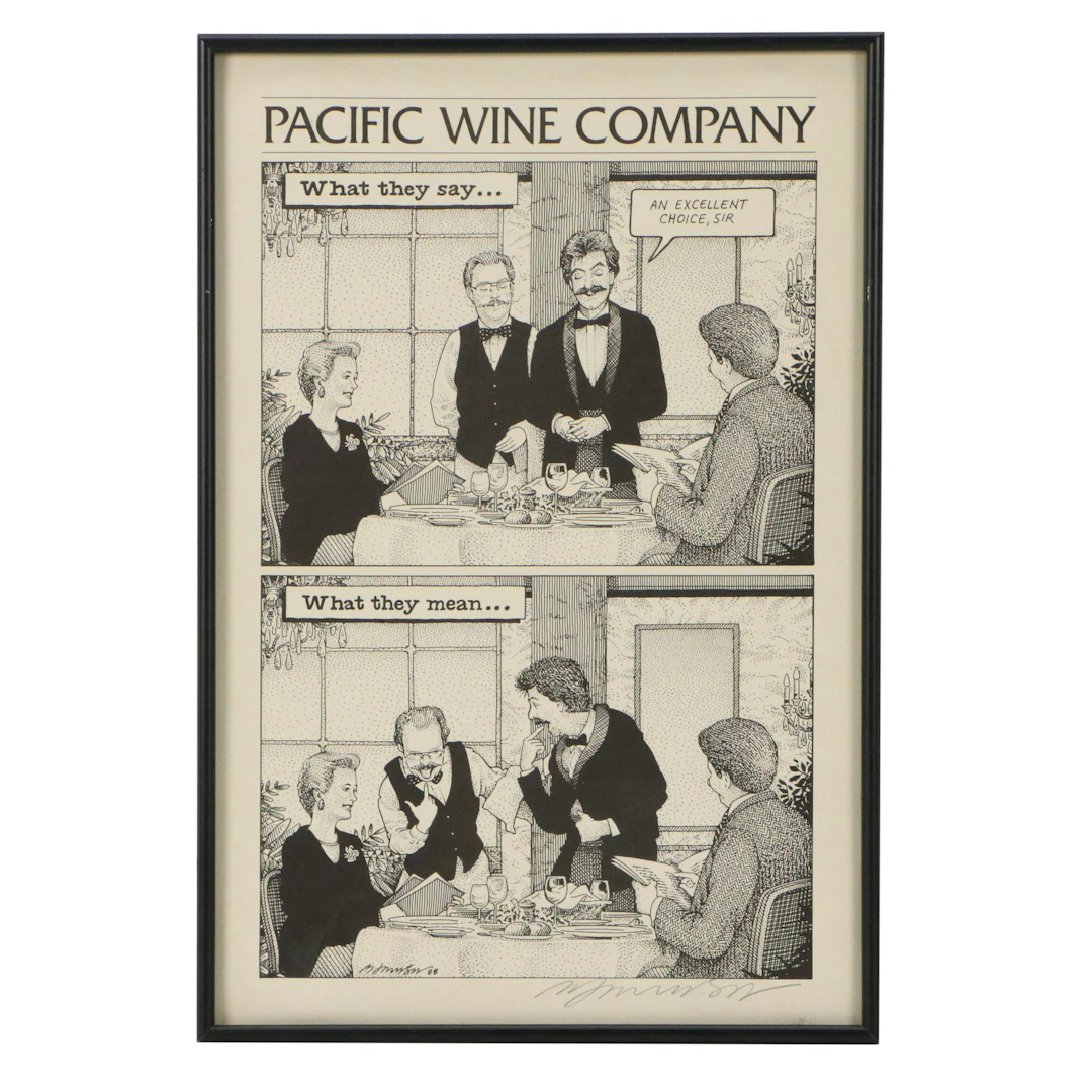 Bob Johnson Illustration Lithograph "Pacific Wine Company," 1988
