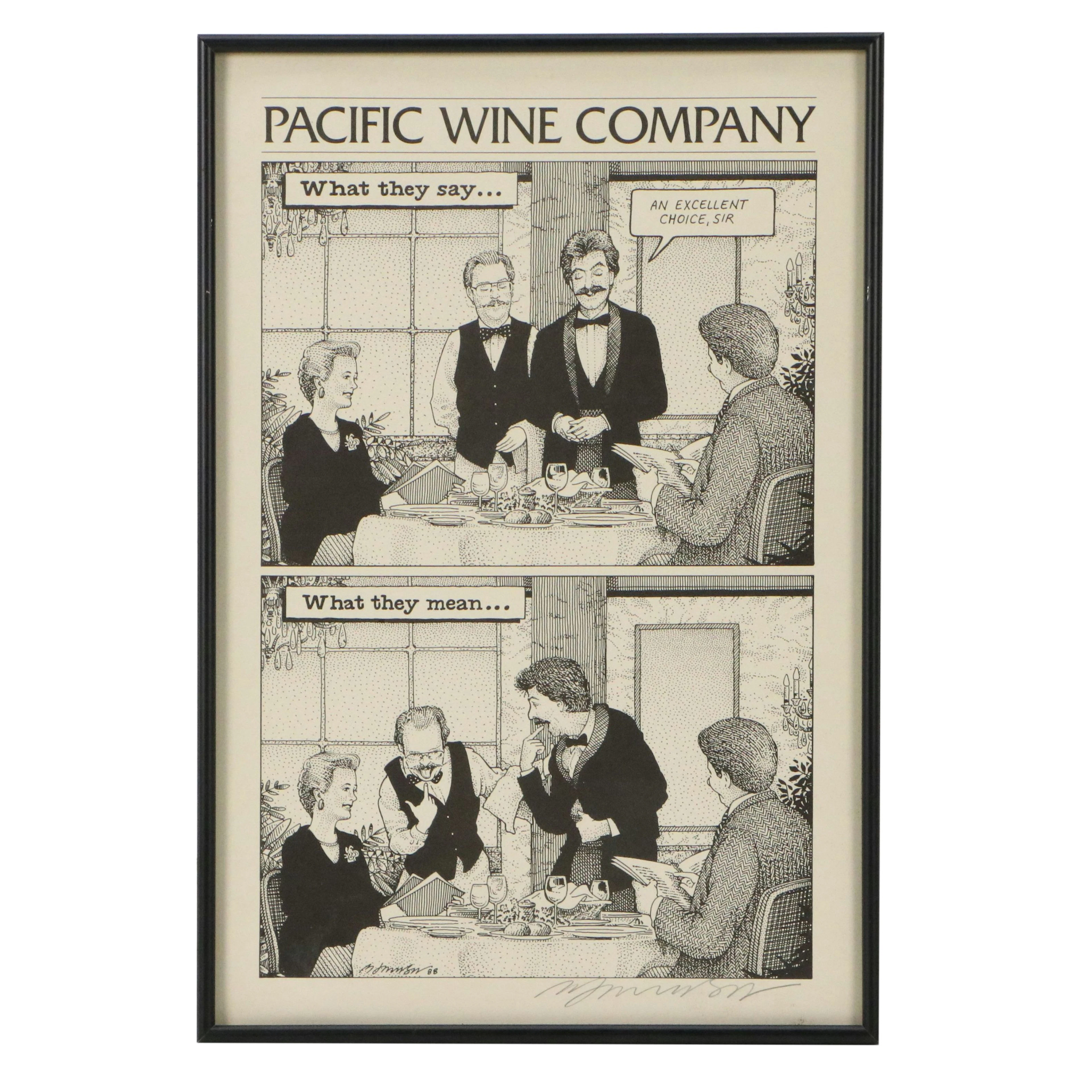 Bob Johnson Illustration Lithograph "Pacific Wine Company," 1988