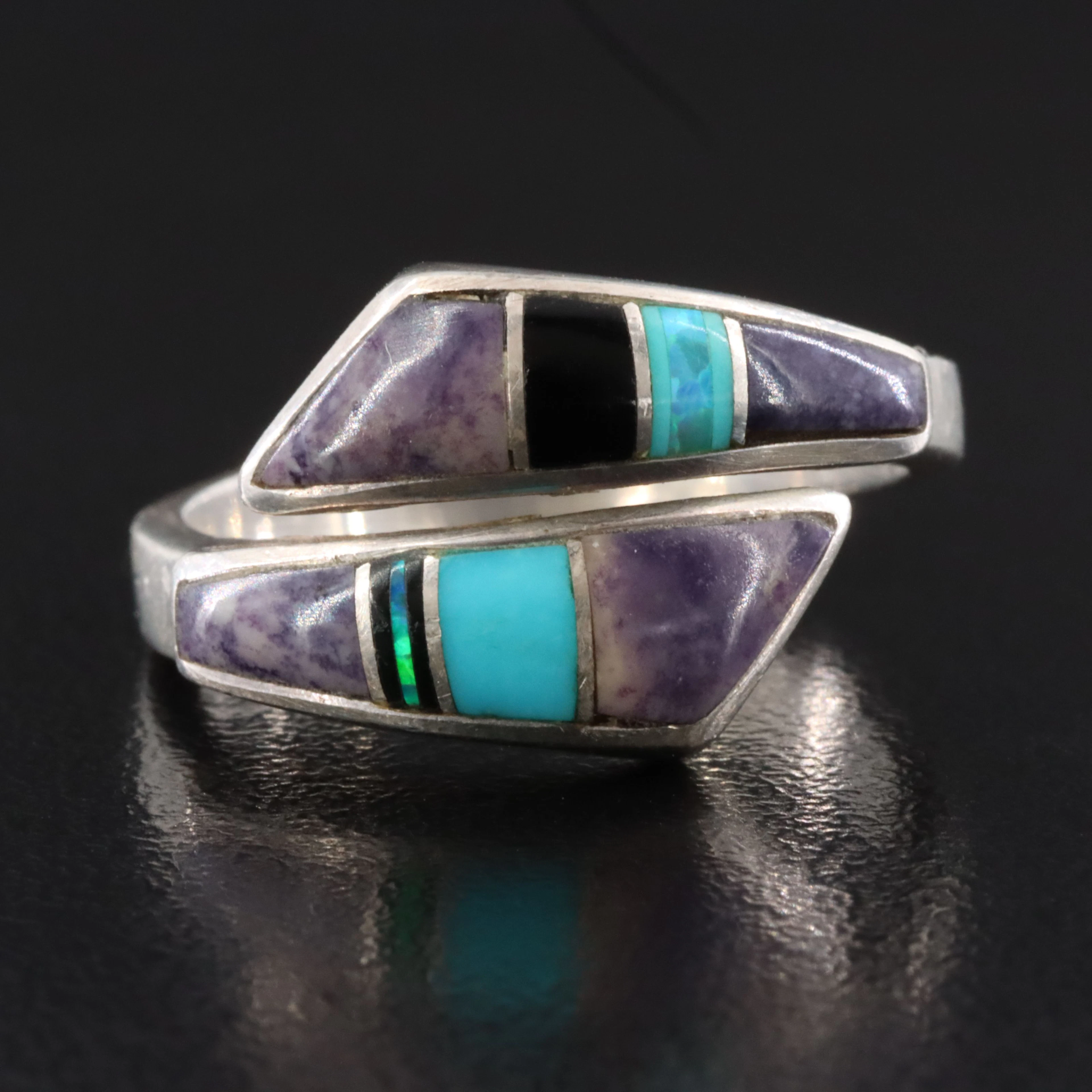 Western Sterling Inlay Bypass Ring with Turquoise, Opal and Sugilite