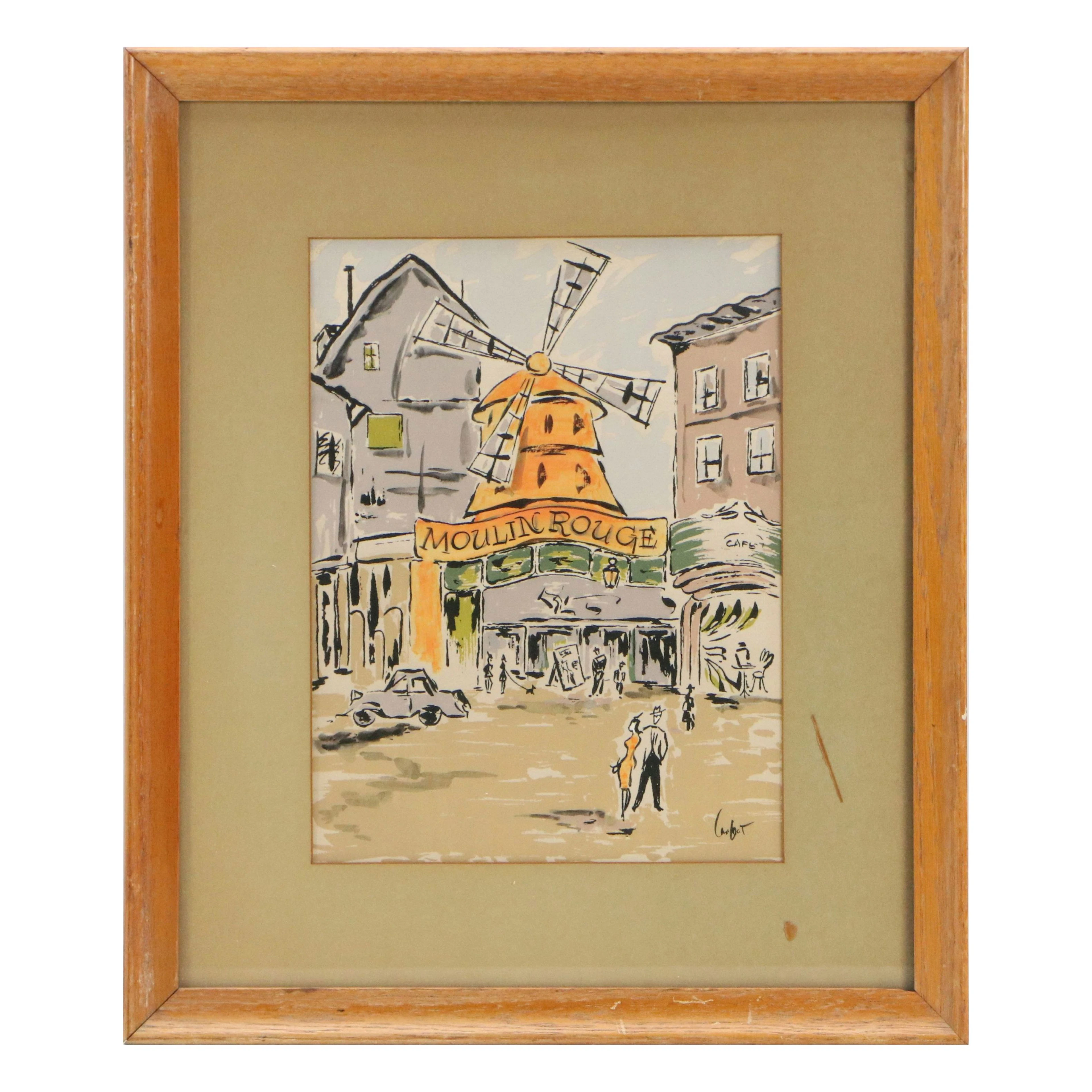 Hand-Embellished Screenprint of Moulin Rouge Street Scene