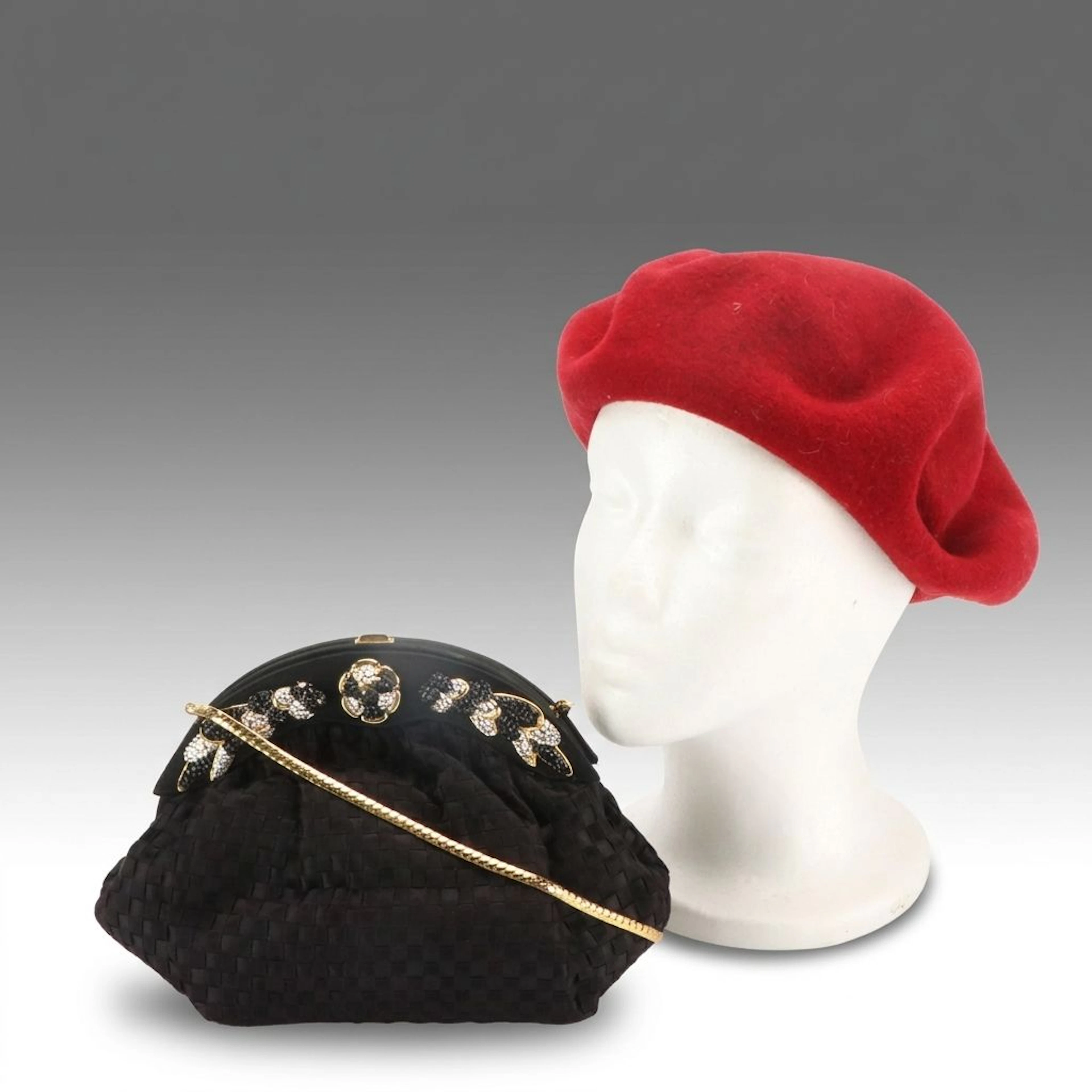 Laulhere Red Wool Beret & Finesse La Model Embellished Convertible Clutch