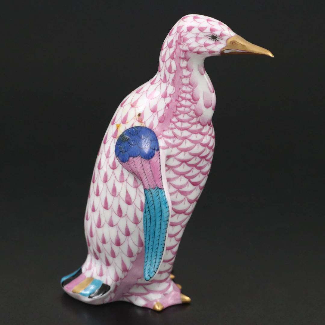 Herend Raspberry Fishnet with Gold “Penguin” Porcelain Figurine