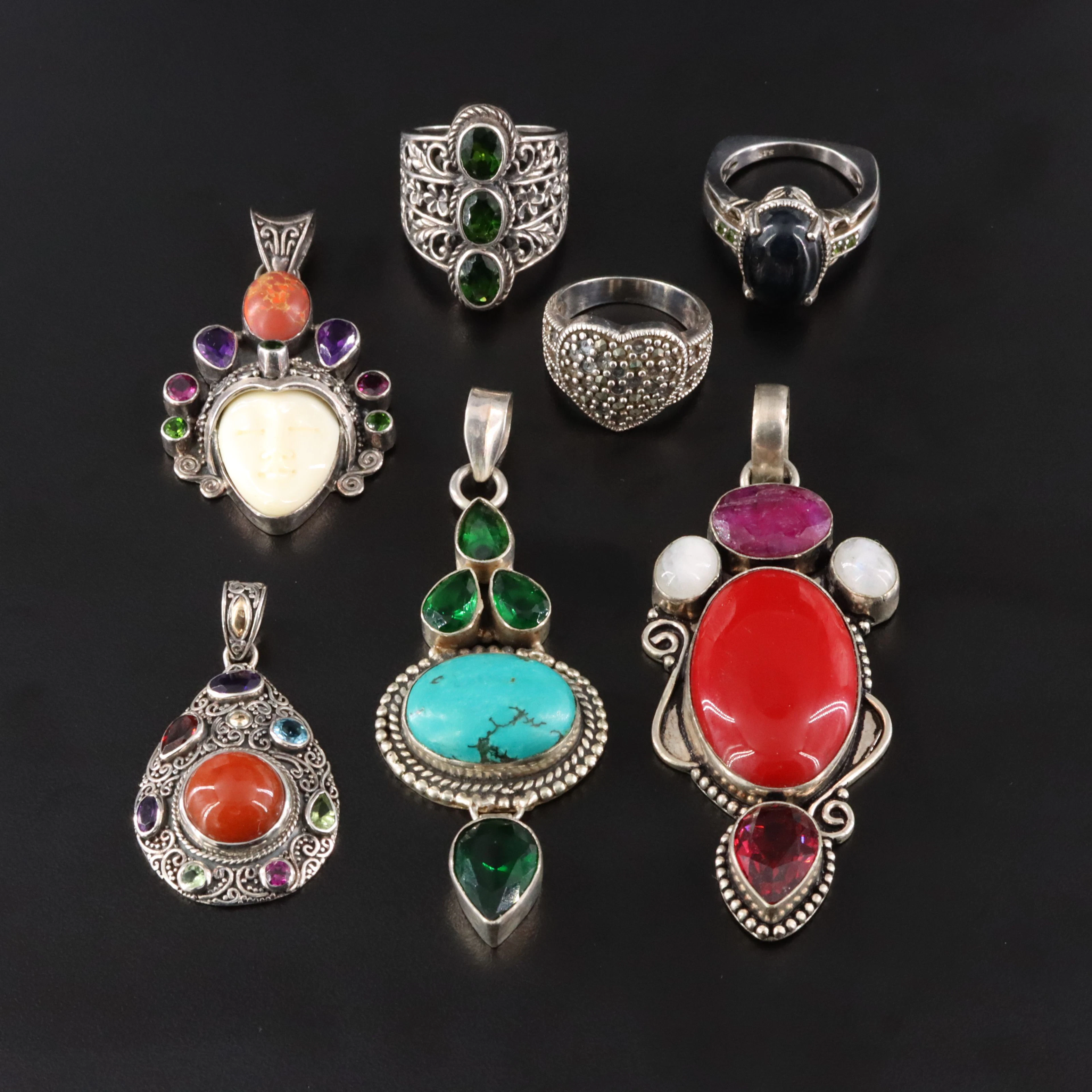 Sterling Rings and Pendant Collection Featuring Black Onyx, Ruby, and Amethyst