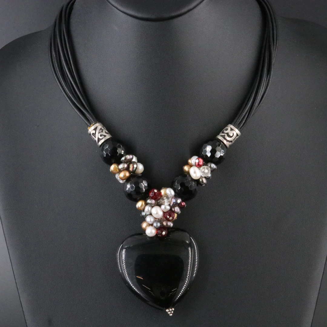 Sterling Obsidian, Pearl, and Rock Crystal Nine Strand Leather Necklace