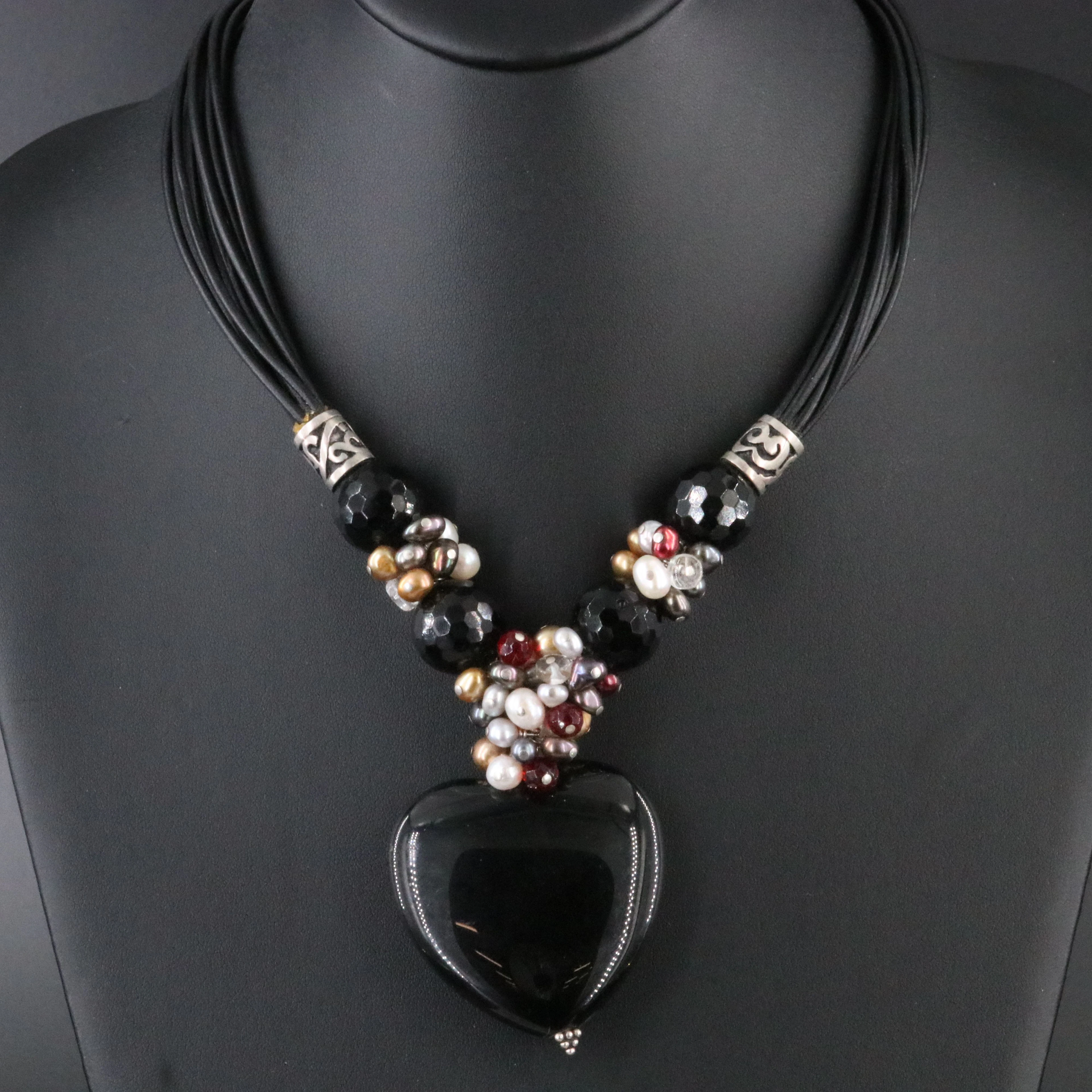 Sterling Obsidian, Pearl, and Rock Crystal Nine Strand Leather Necklace