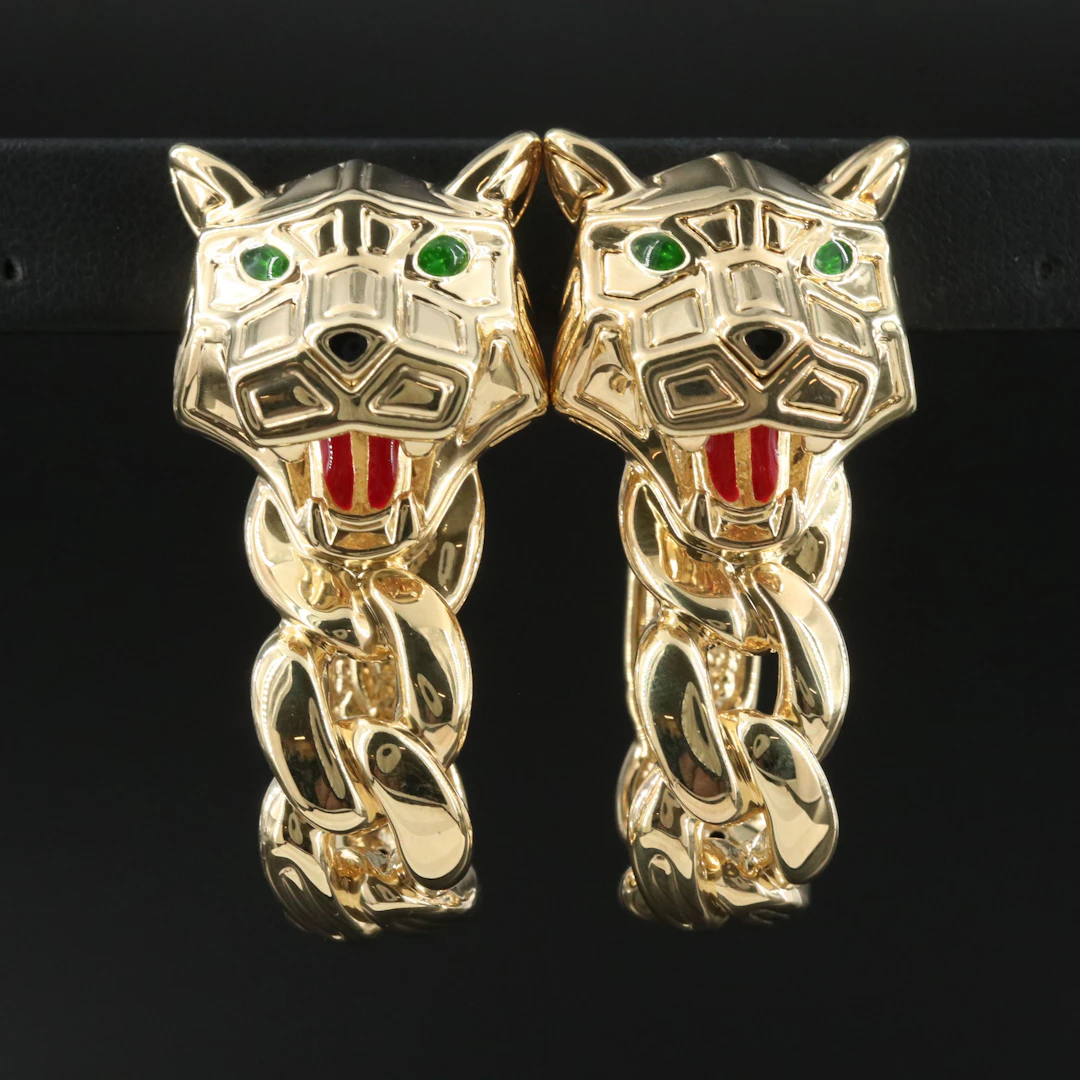 Graziella Braccialini Italian Bronze Panther Earrings with Enamel Accents