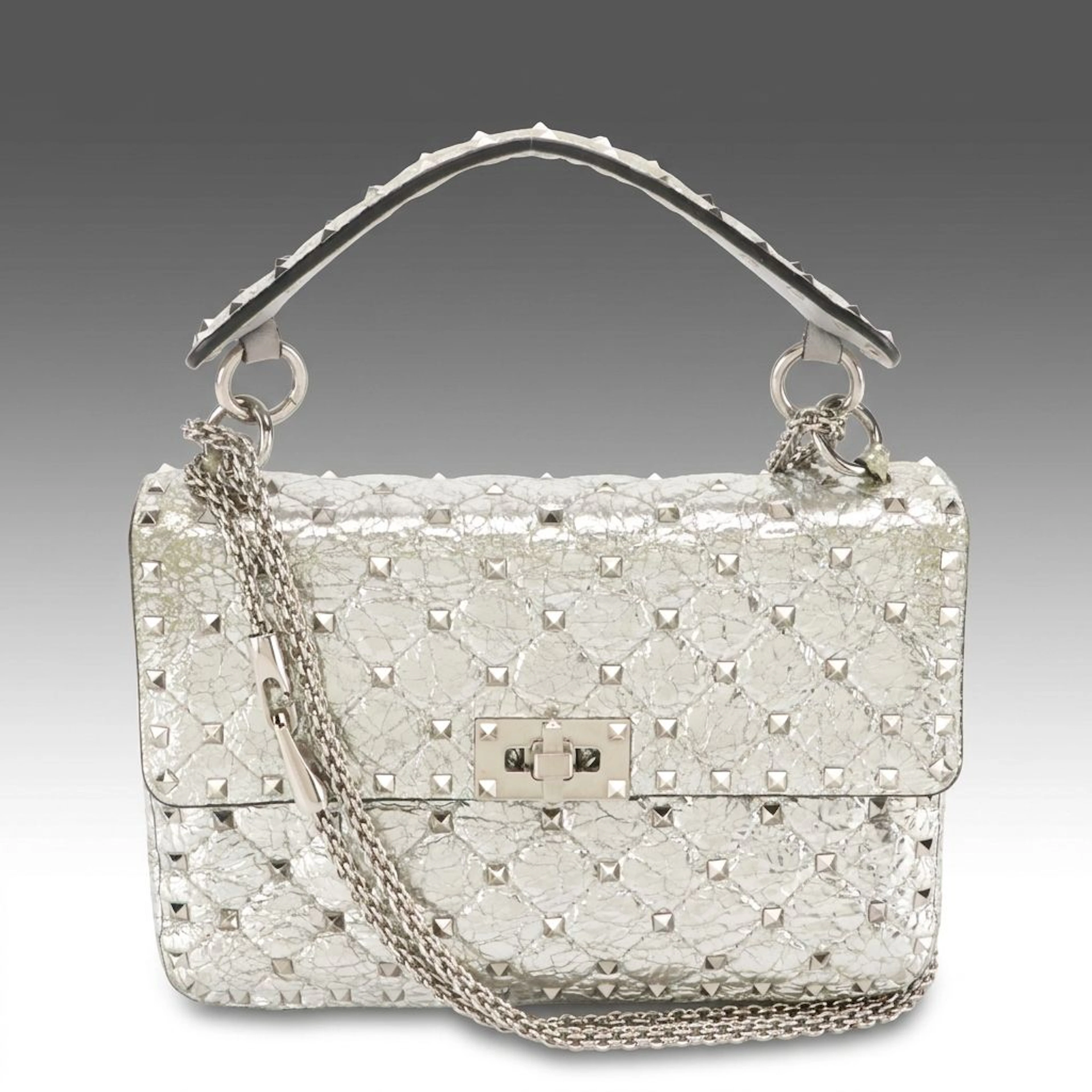 Valentino Garavani Silver Quilted Leather Rockstud Spike Medium Two-Way Bag