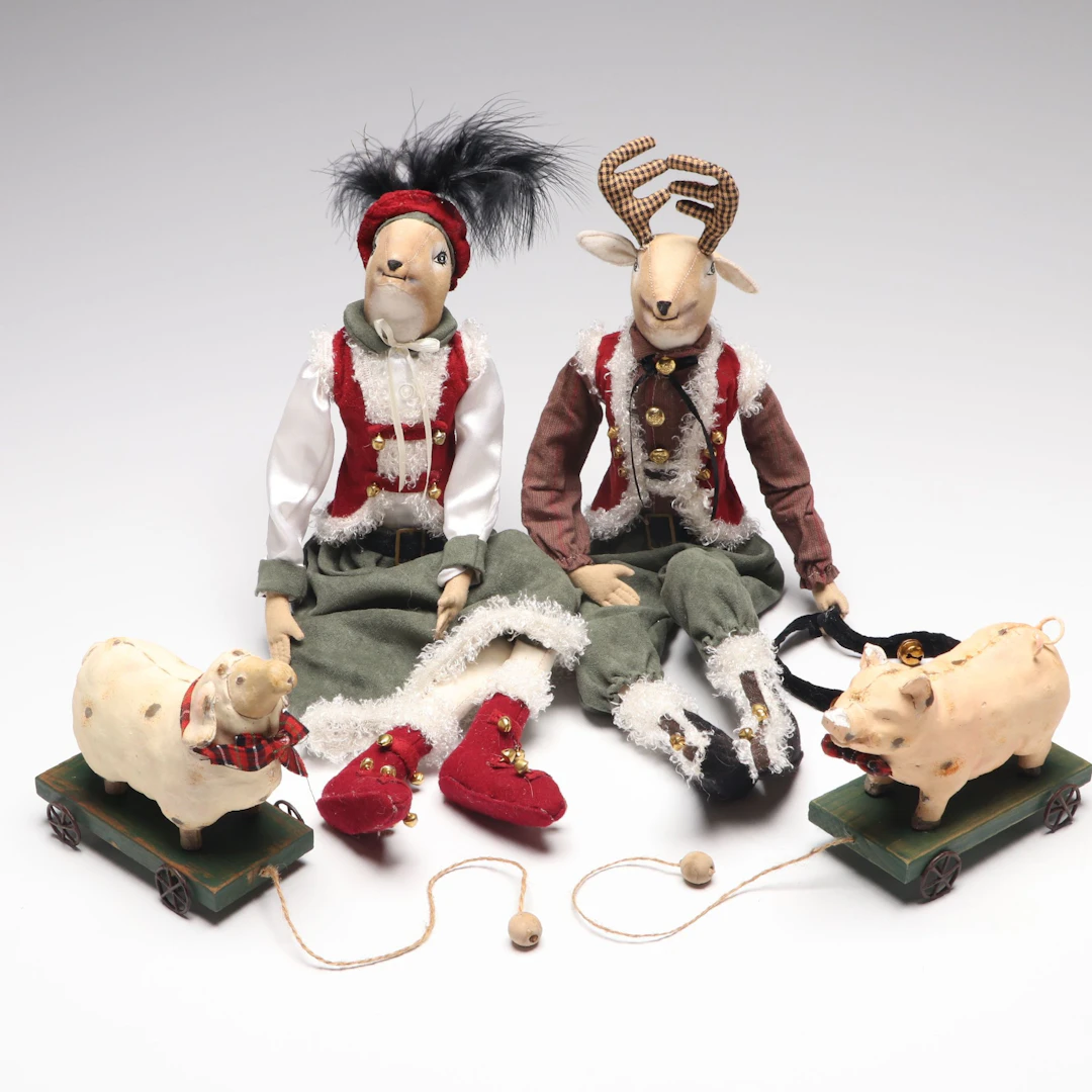 The Shop Around The Corner Handcrafted Reindeer Shelf Sitters with Pull Toys