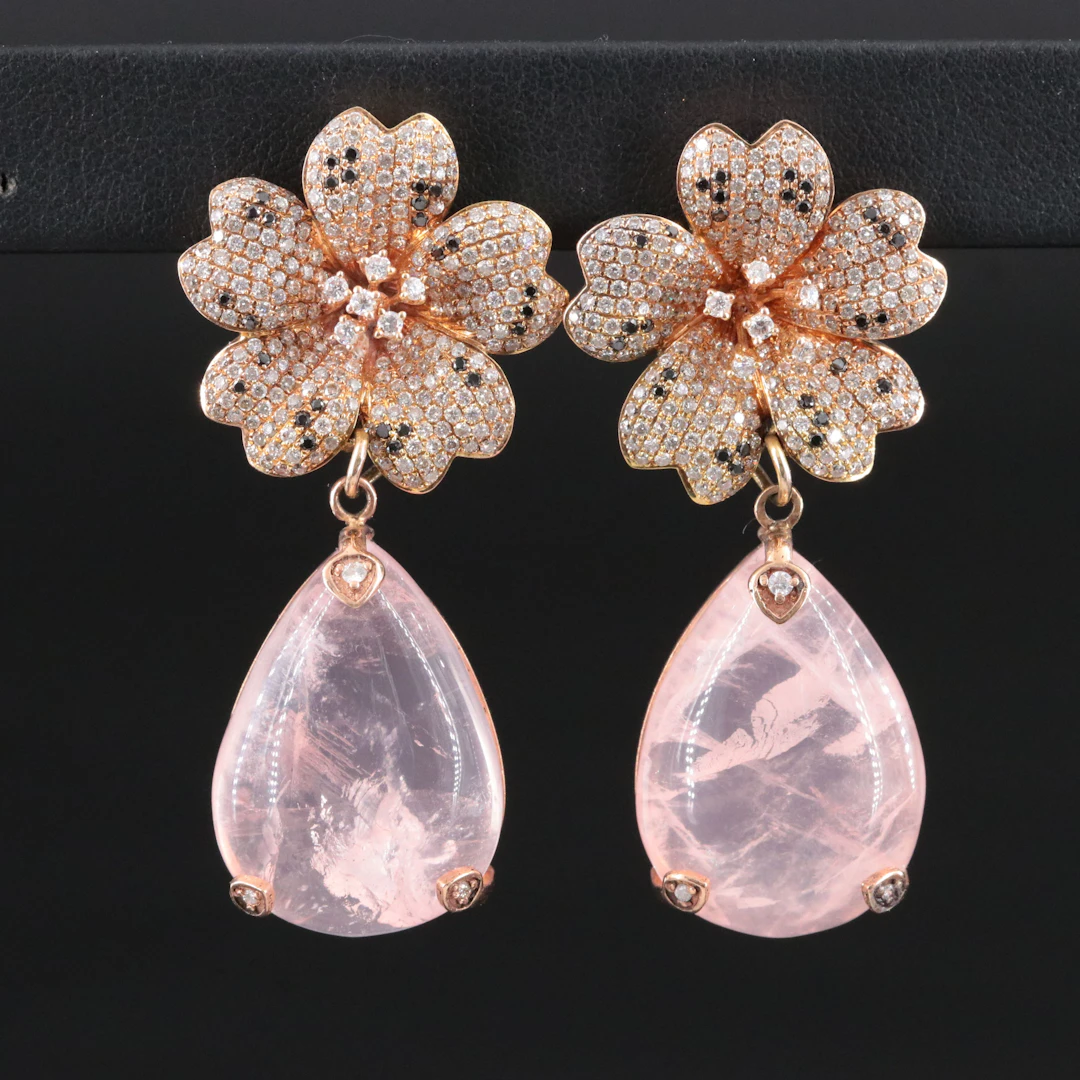 18K and 14K Rose Quartz and 2.68 CTW Pavé Diamond Flower Drop Earrings