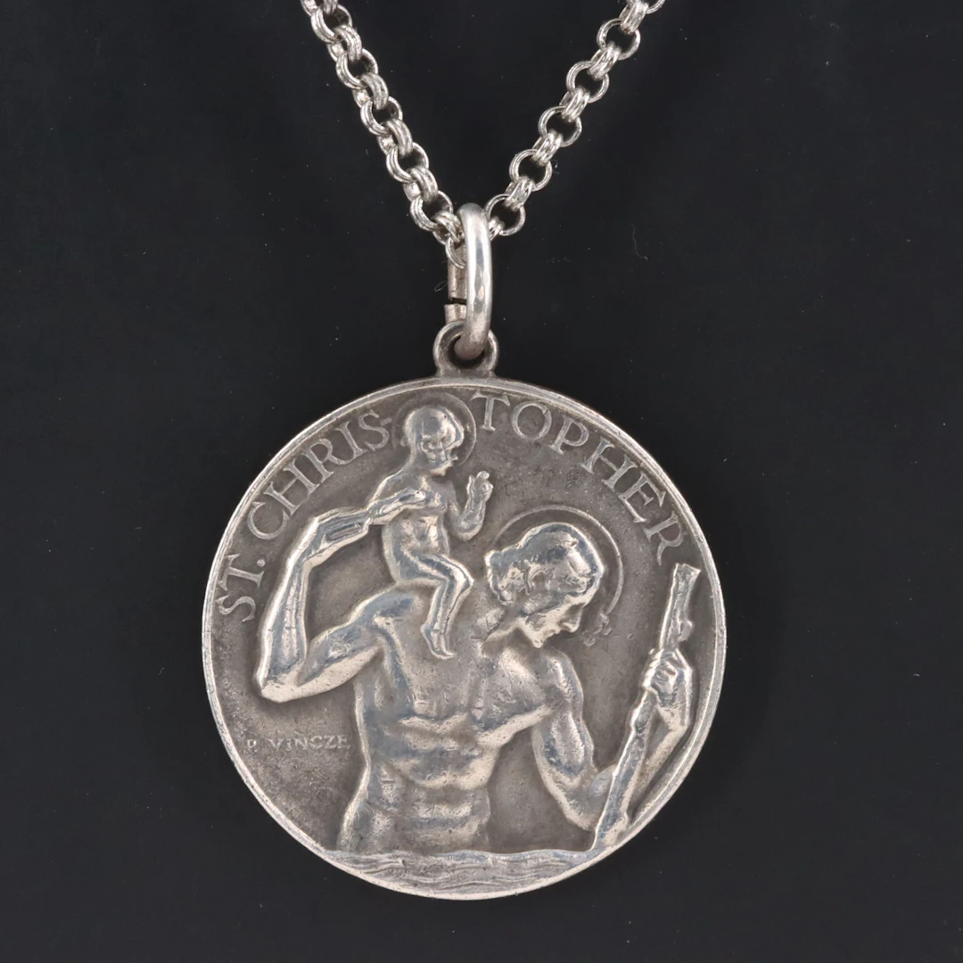 Vintage Paul Vincze Sterling St. Christopher Medallion Necklace