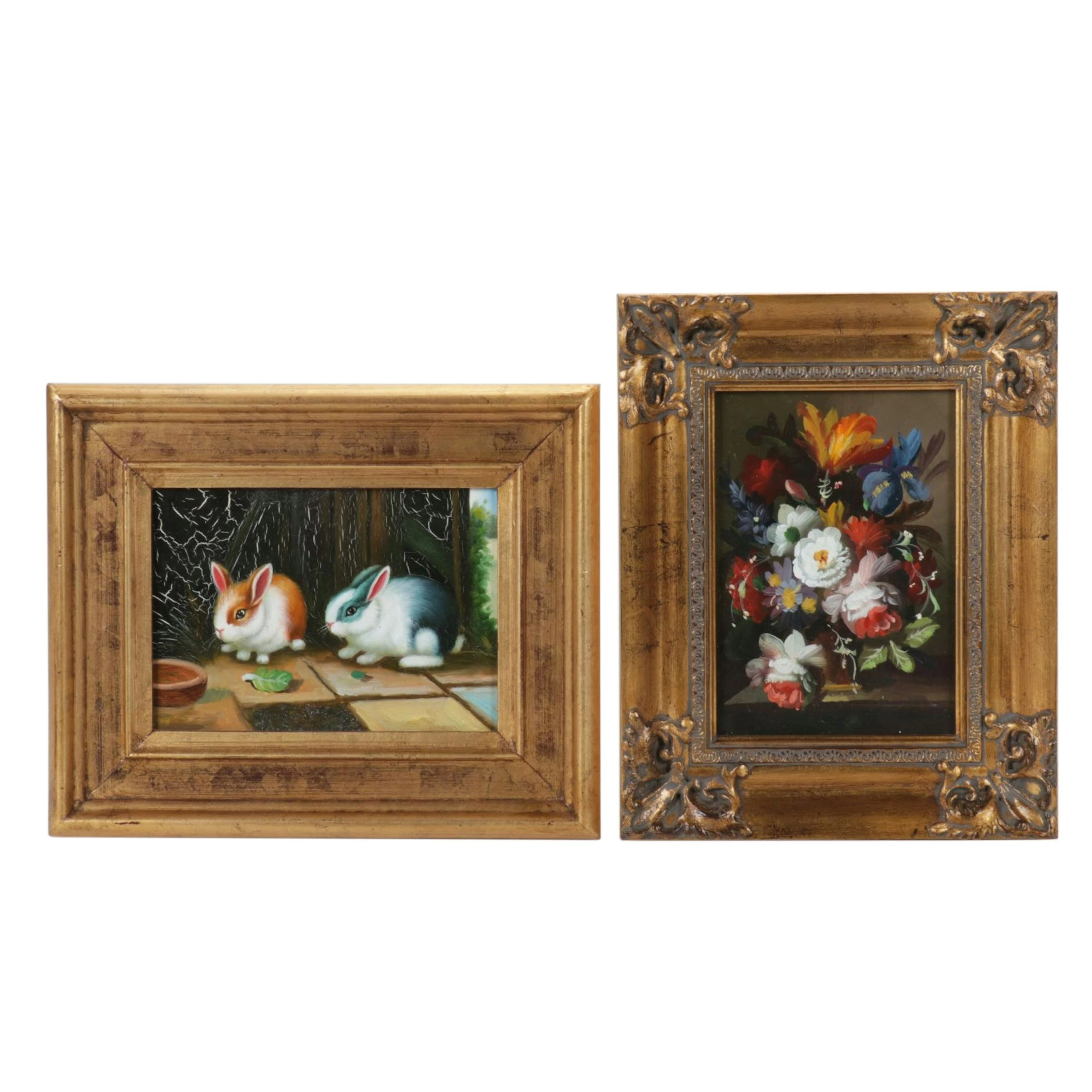 Oil Paintings of Still Life Floral Arrangement and Pair of Bunnies