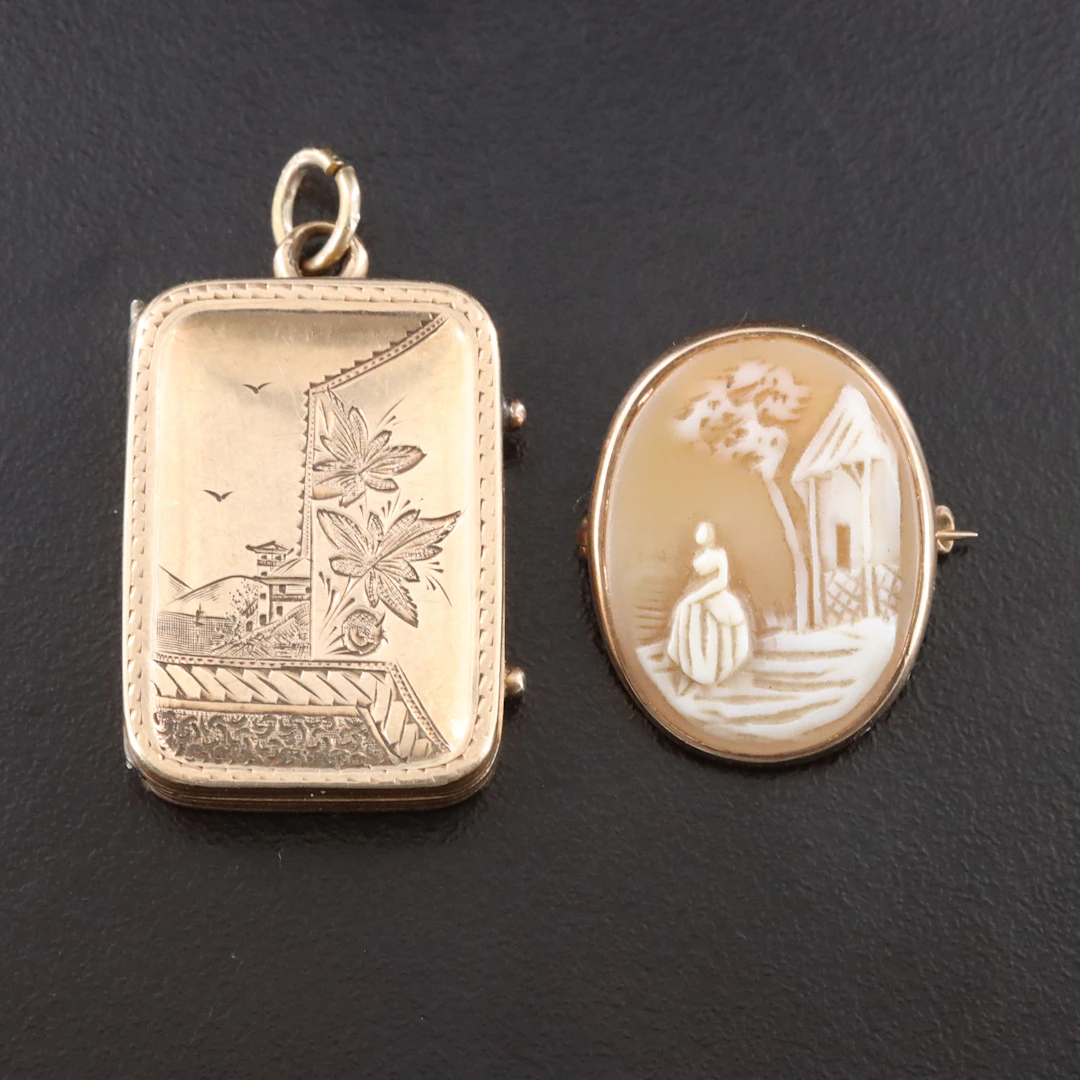 Victorian Aesthetic Period Japonesque Locket & 9K Rebecca By the Well Cameo Pin