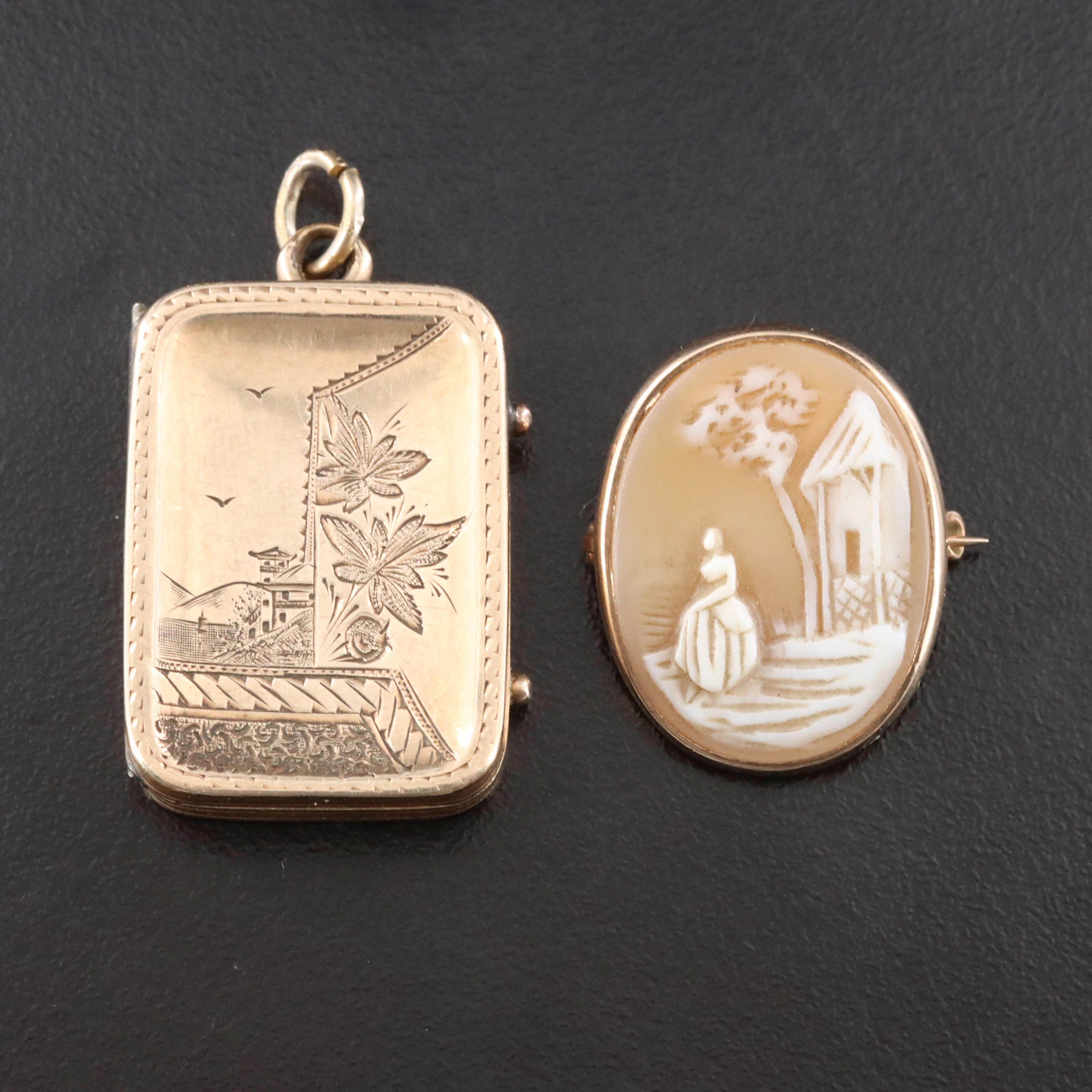 Victorian Aesthetic Period Japonesque Locket & 9K Rebecca By the Well Cameo Pin