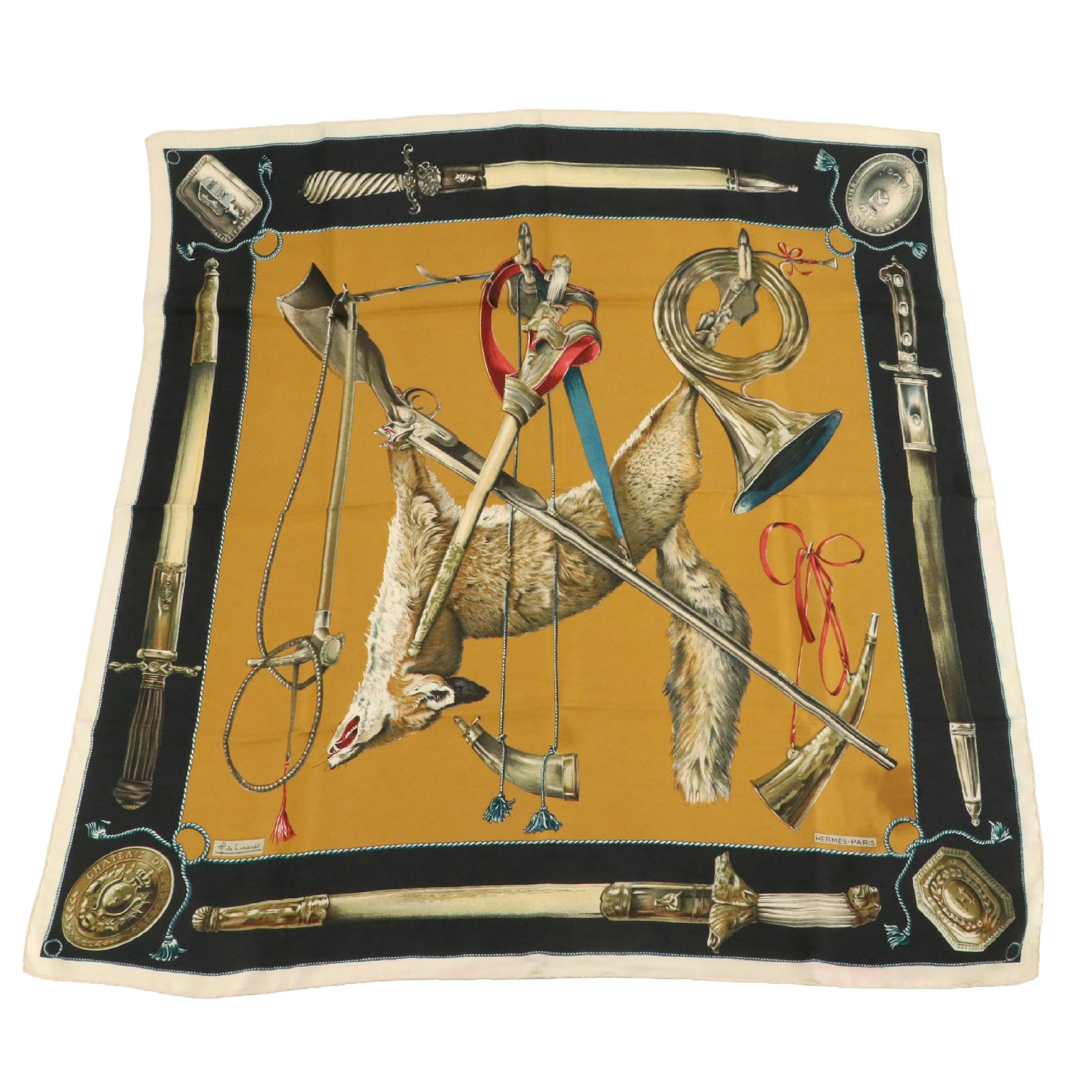 Hermès Early Issue "Renard" Scarf 90 in Silk Twill with Box