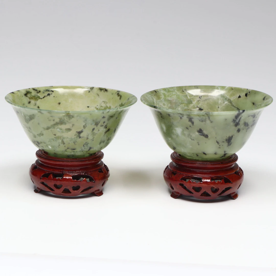 Pair of Chinese Carved Serpentine Bowls on Wooden Stands