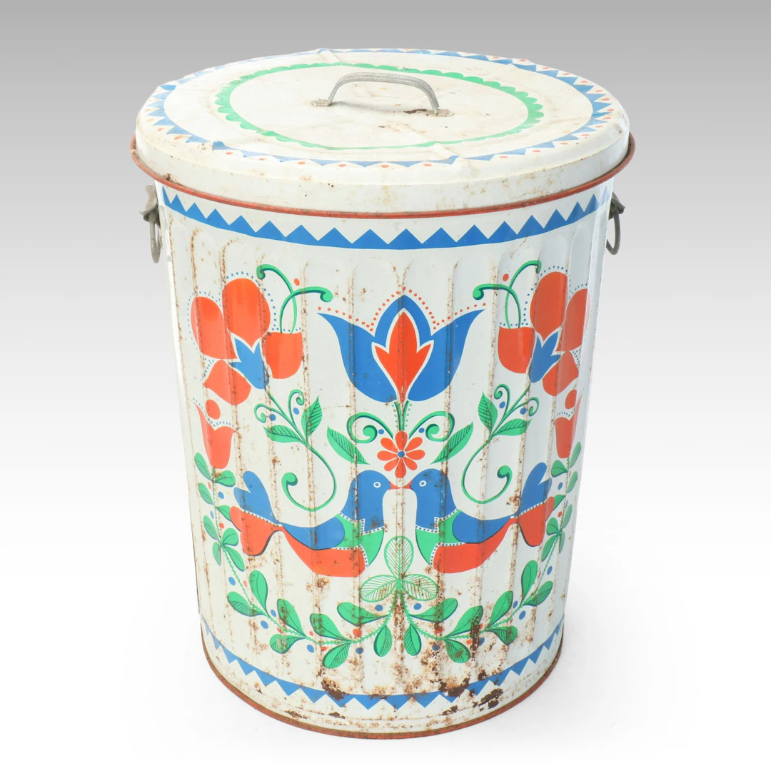 Hand-Painted Folk Art Style Metal Trash Can with Lid, Late 20th Century