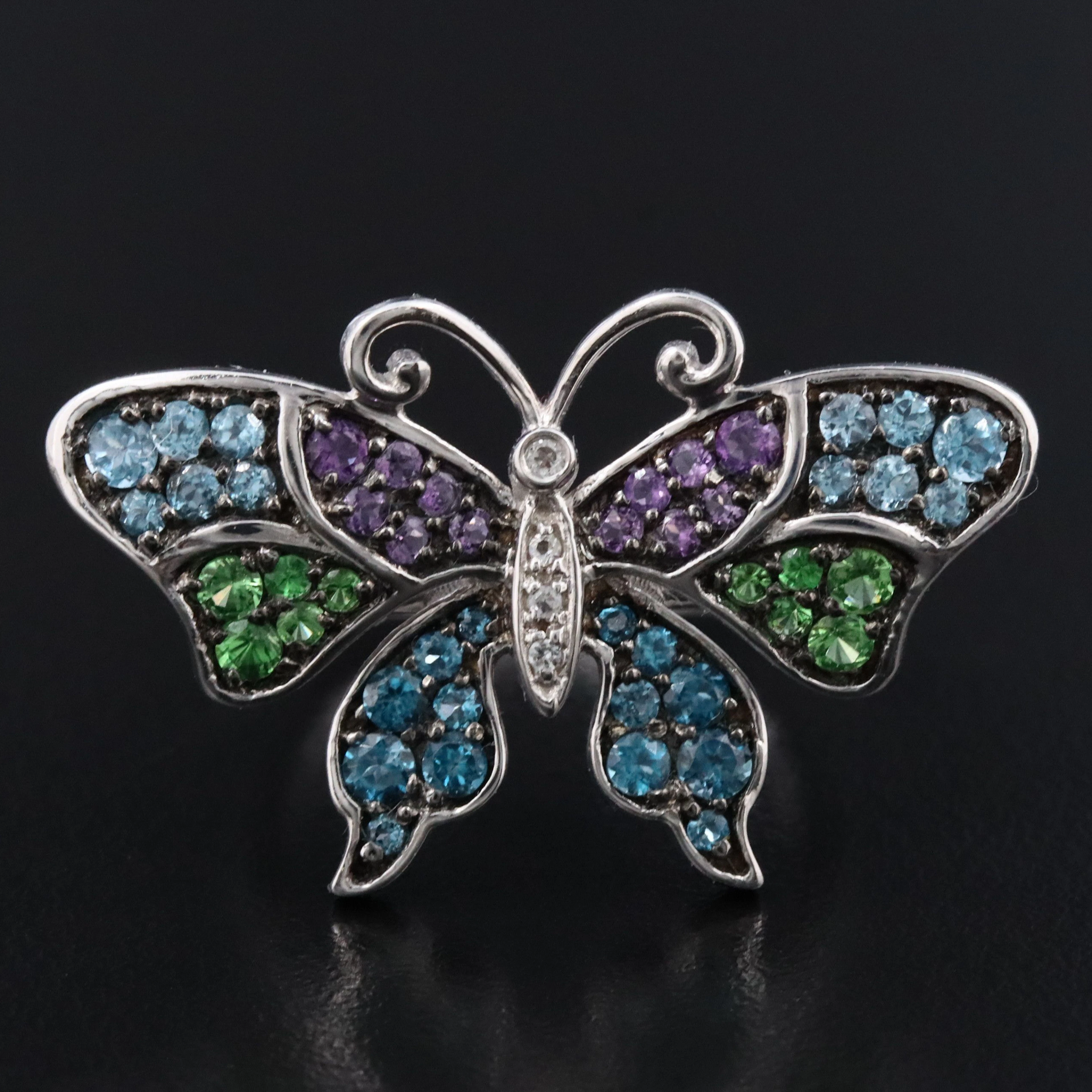 14K Butterfly Ring Including Topaz, Amethyst and Tsavorite