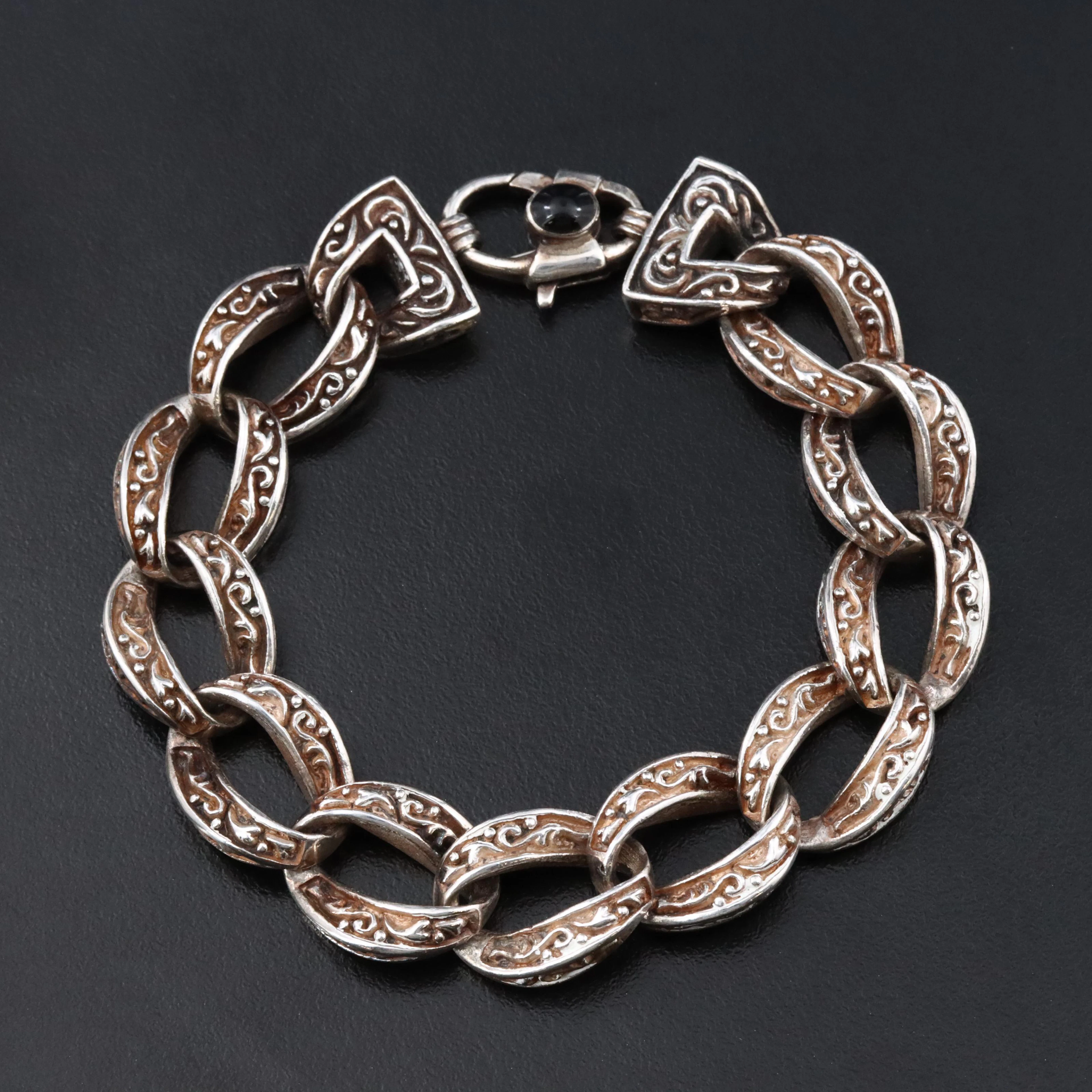 Sterling Patterned Curb Chain Bracelet with Obsidian Accent