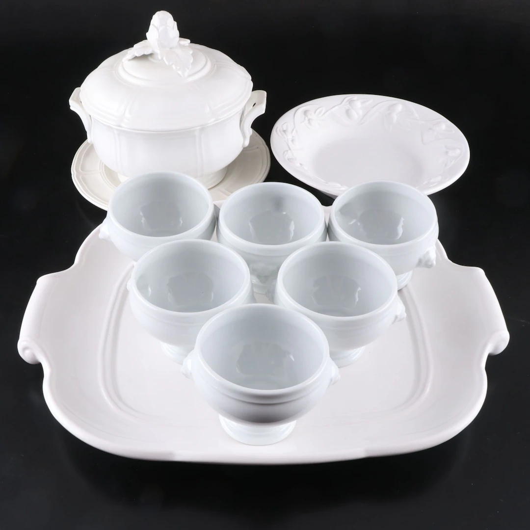 Apilco Porcelain Lion Head Handled Soup Bowls with Other White Ceramic