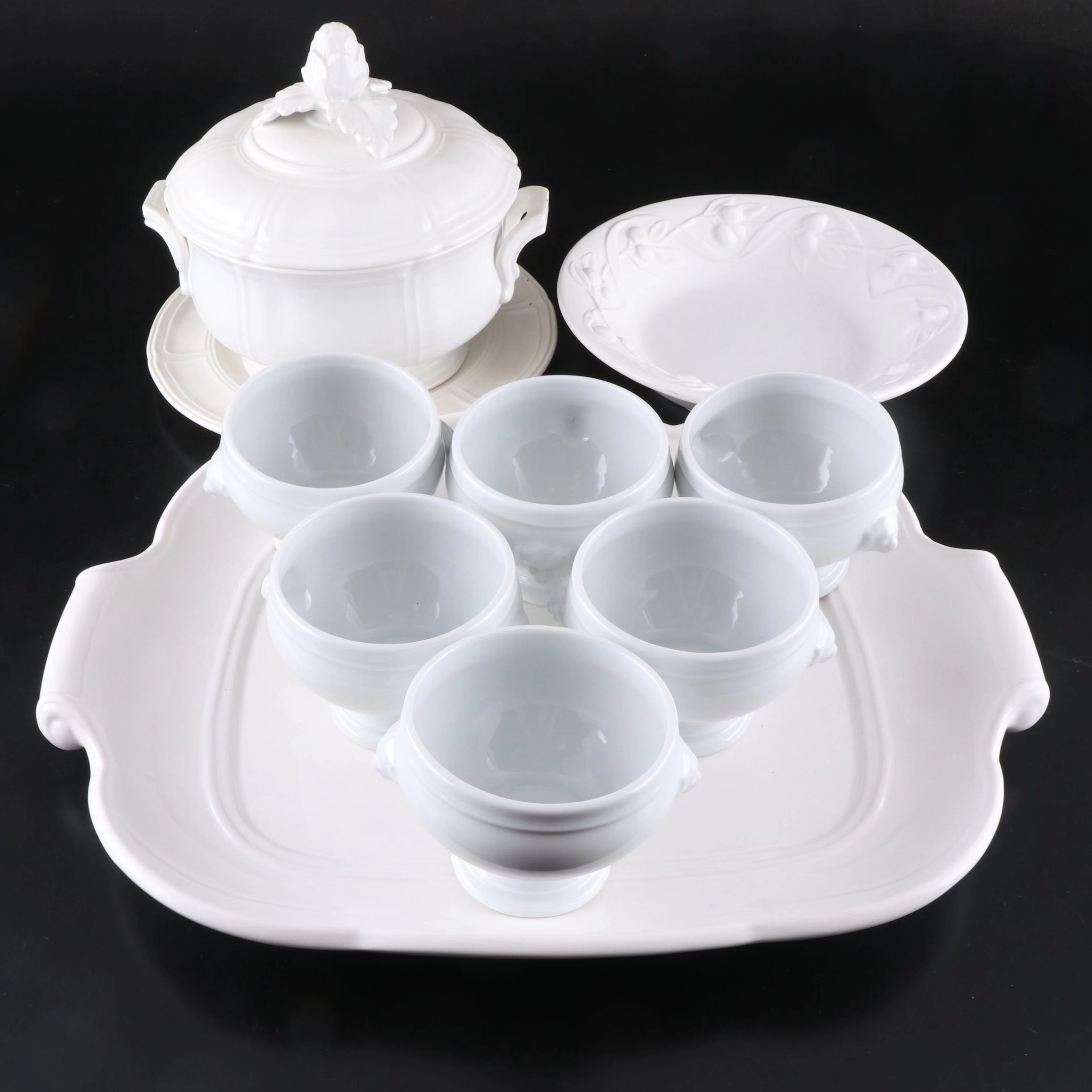 Apilco Porcelain Lion Head Handled Soup Bowls with Other White Ceramic