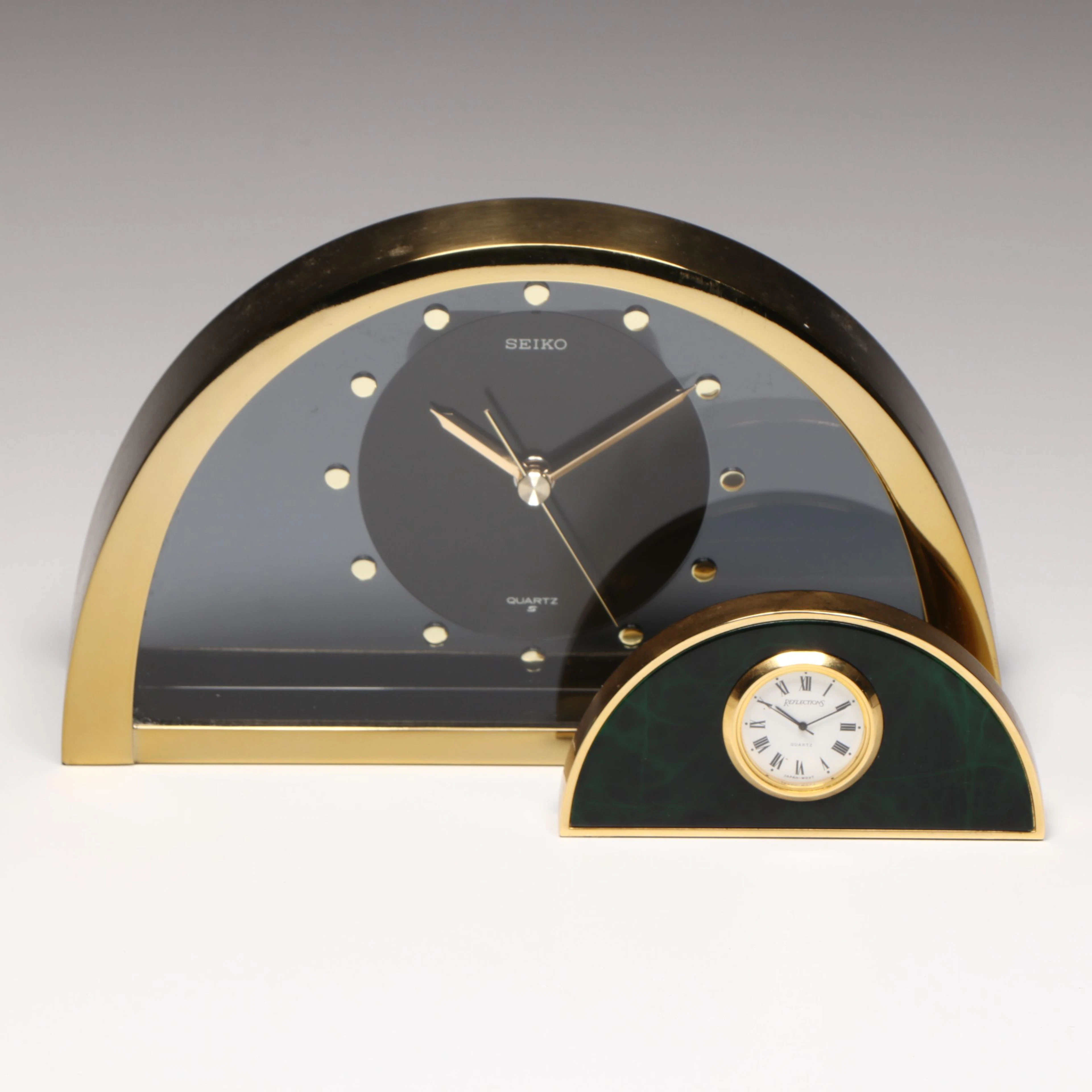 Seiko Hollywood Regency Style Half Moon Mantel Clock with Marbled Desk Clock