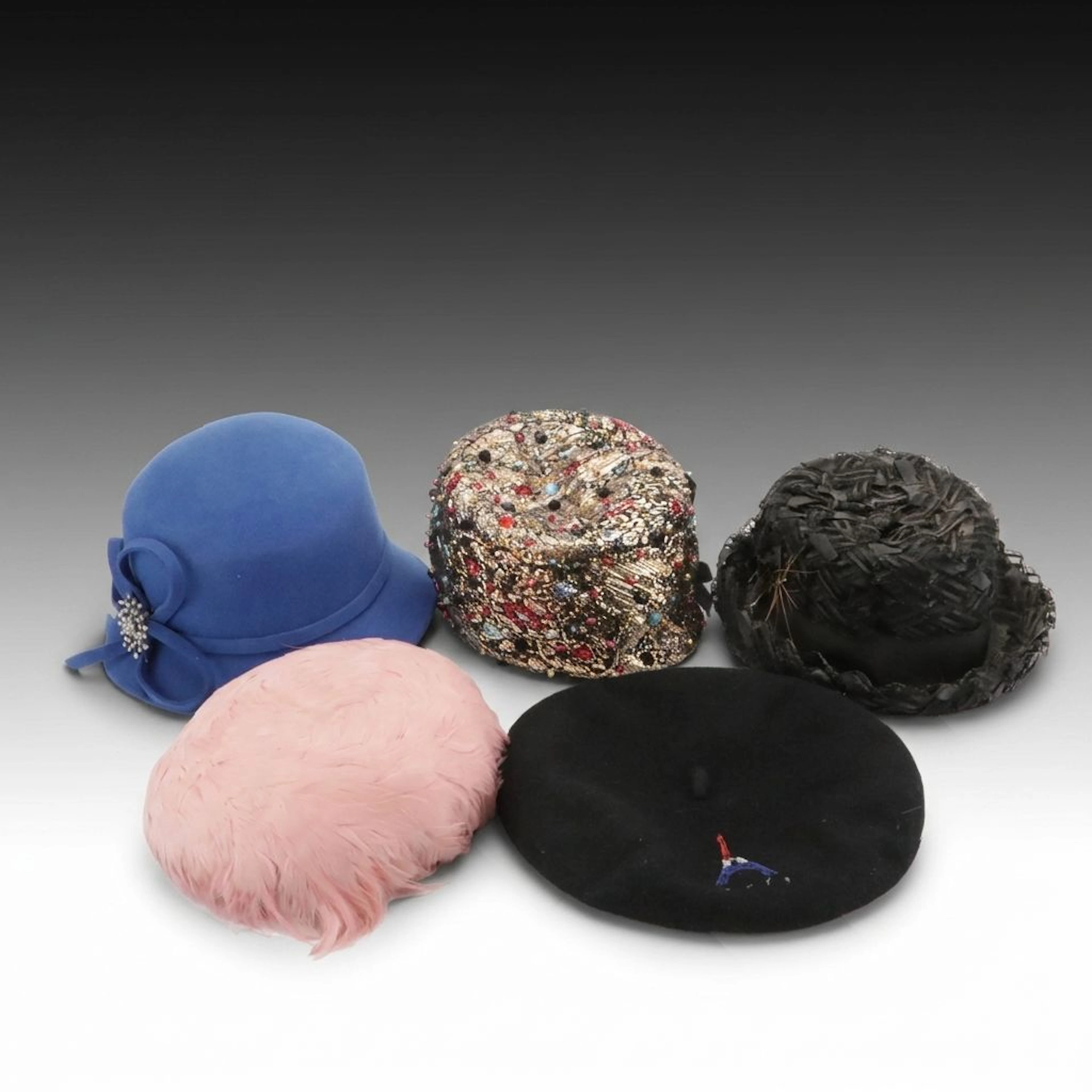 Toque Hat, Beret, Feather Hat, Cloche Hat, and Breton Hat with Boxes