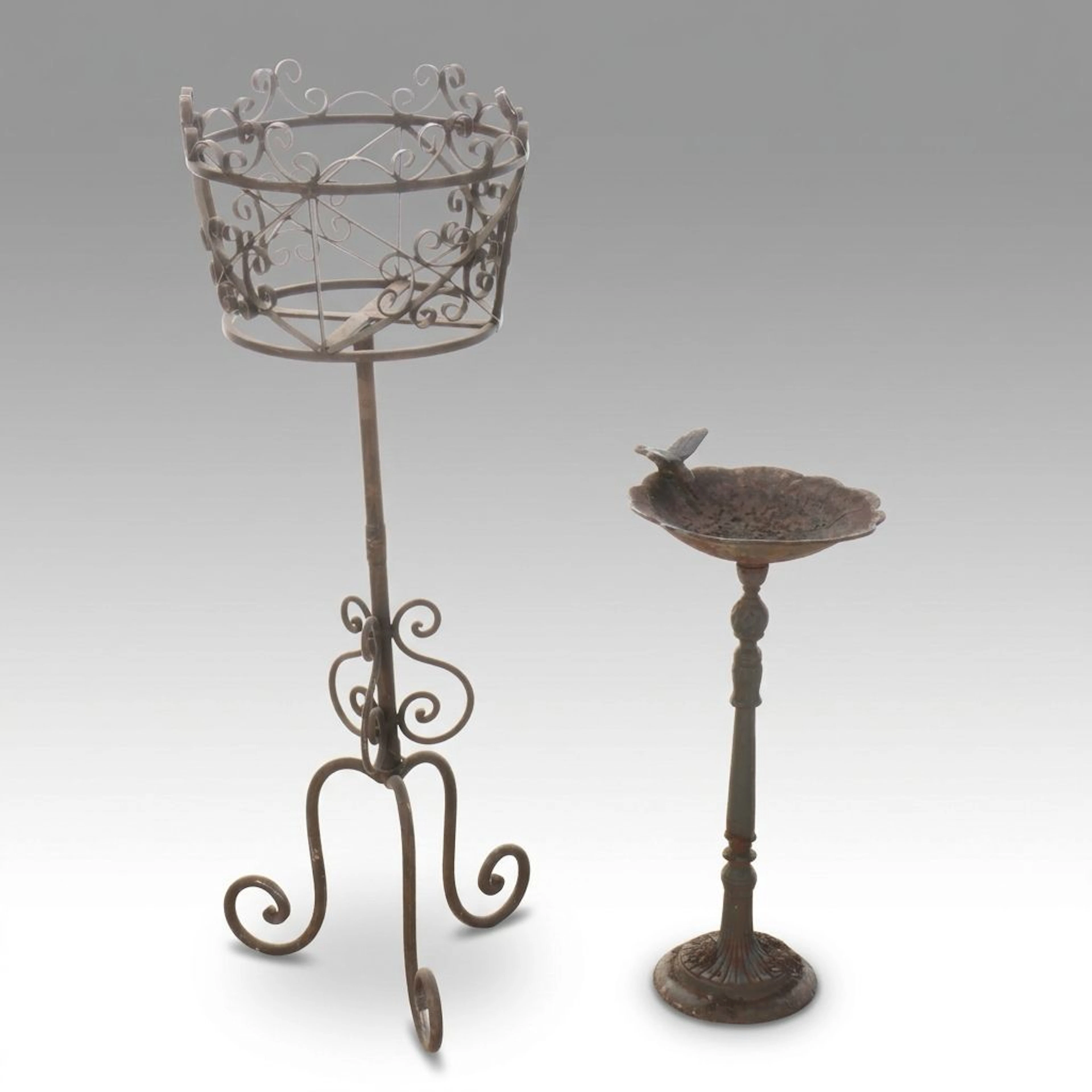 Wrought Iron Standing Planter with Metal Birdbath