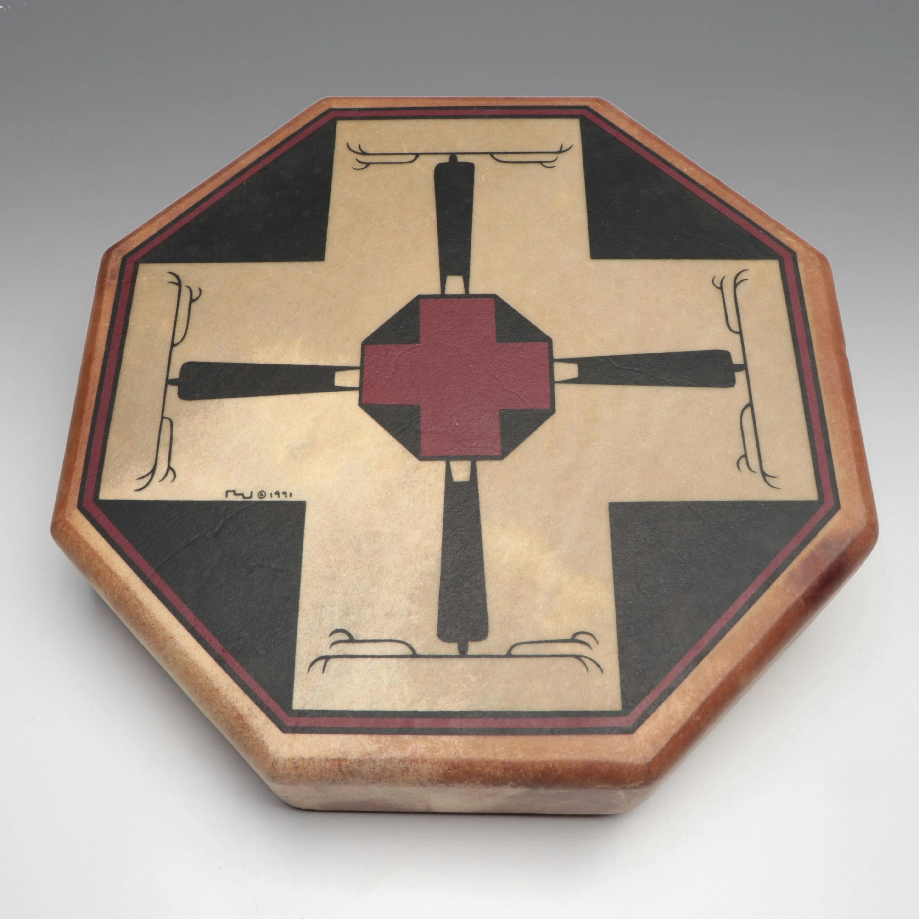 BJ Quintana "The Deer Dance Drum" Hand-Painted Hide Drum, 1991