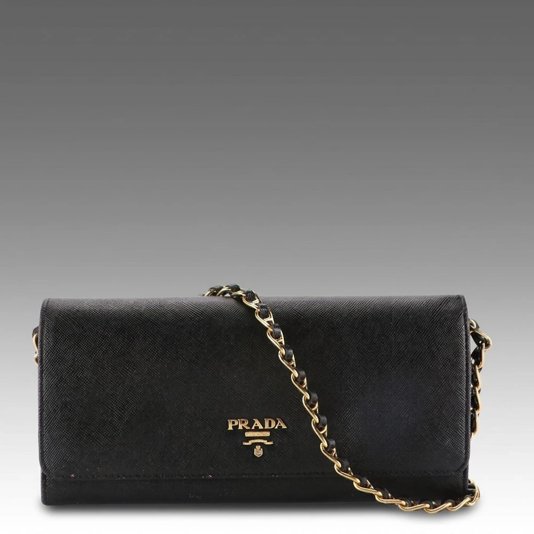 Prada Continental Wallet On Chain in Black Saffiano Leather